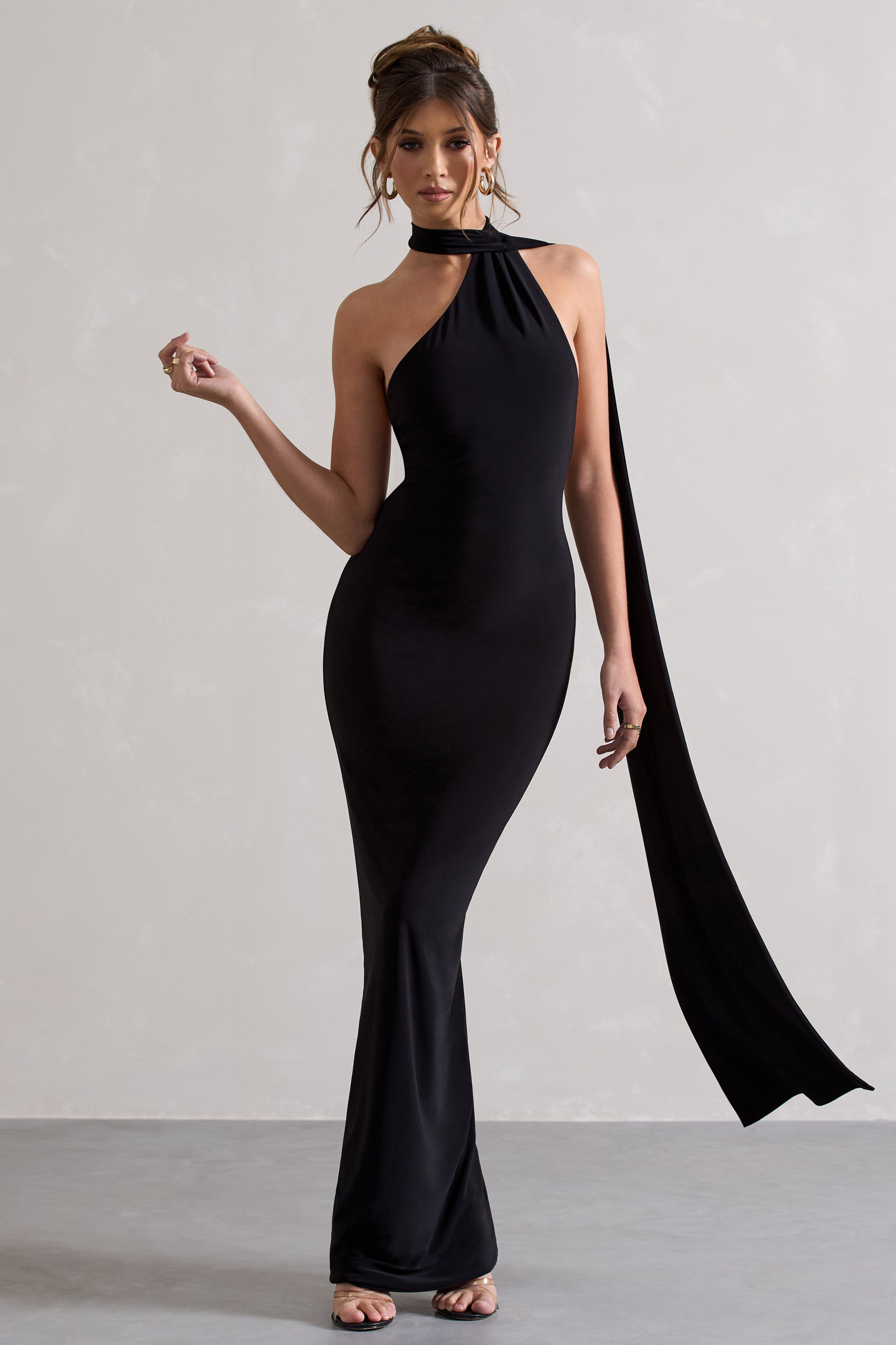 Miss Black One Shoulder Backless Maxi Dress With Scarf