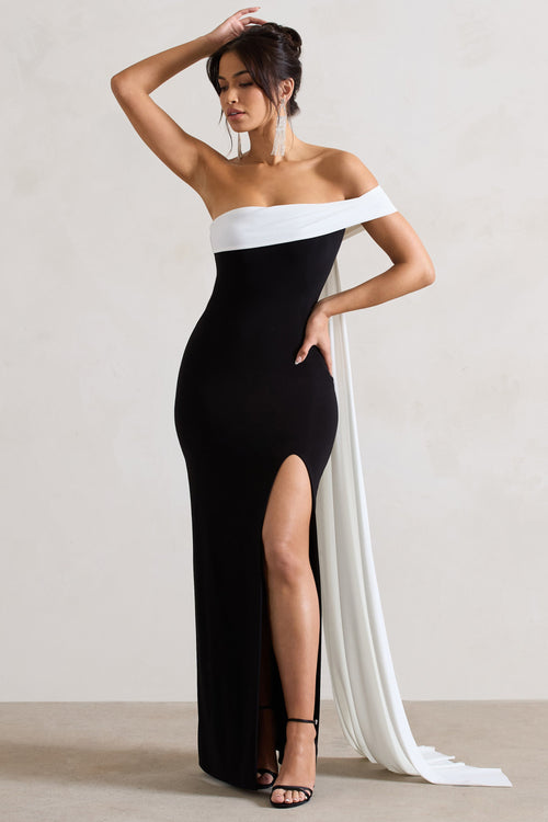 Legacy | Robe longue noire et blanche à encolure bardot et drapé