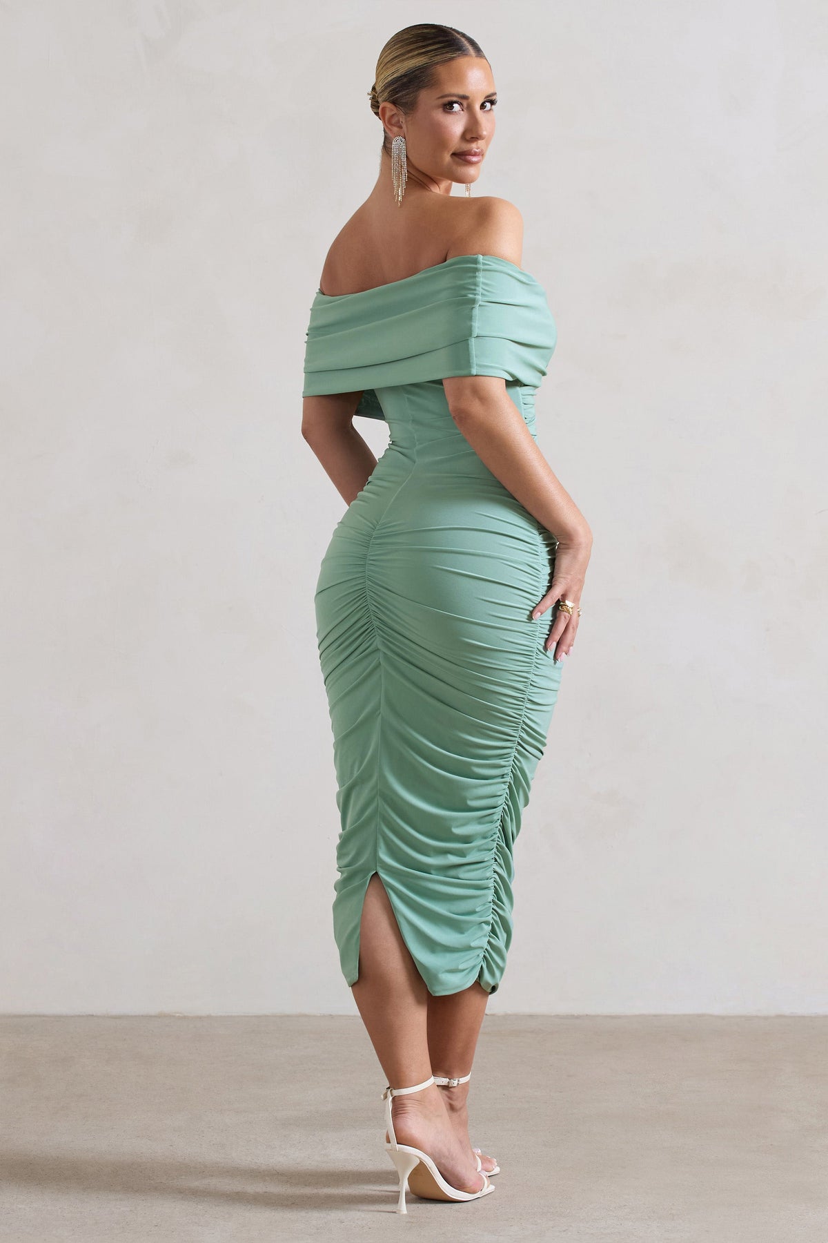 Unwrapped | Sage Ruched Twist Bardot Midi Dress