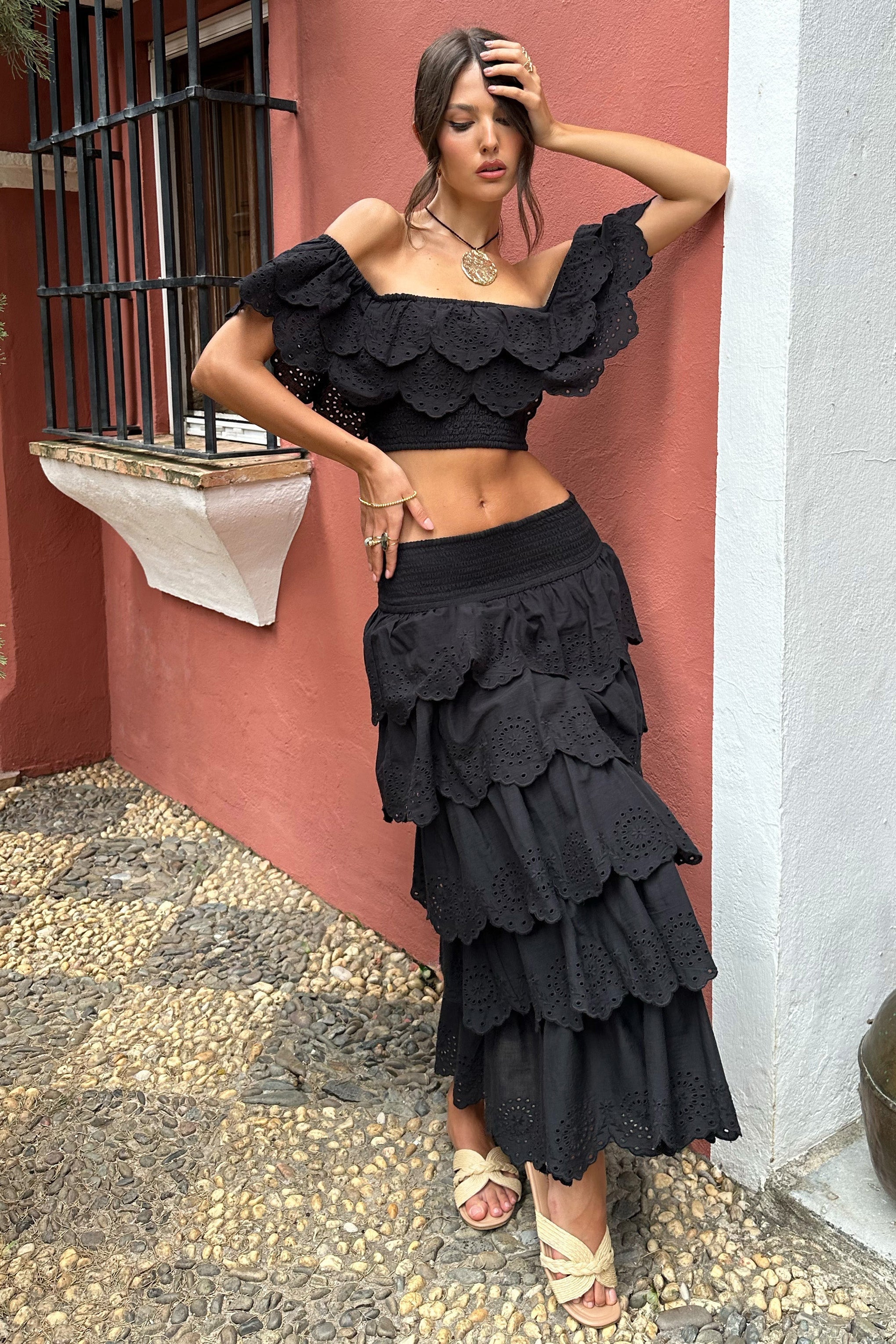 Vista Black Broderie Ruffled Tiered Maxi Skirt – Club L