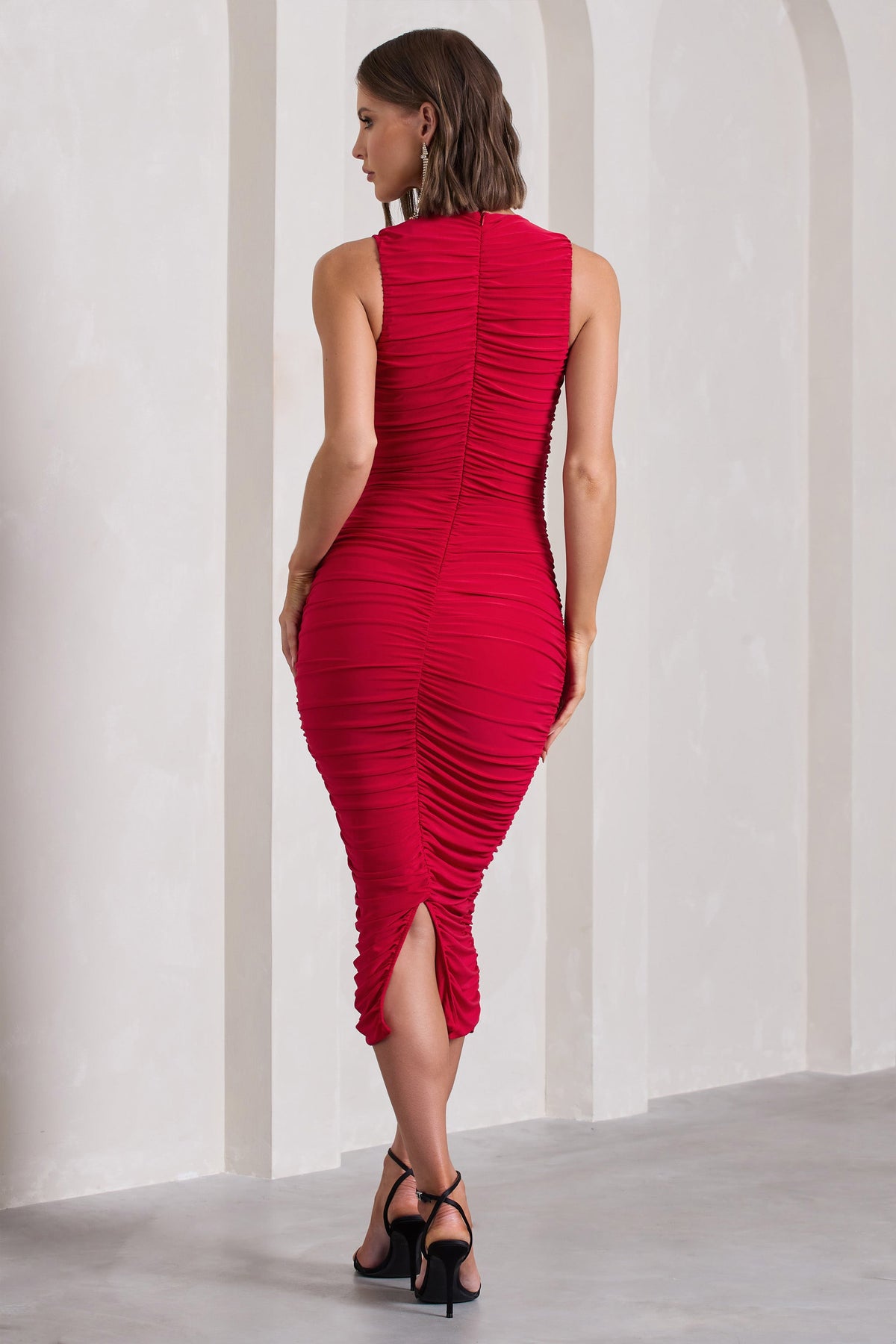 Tempting Fate | Red Ruched Bodycon V-Neck Midi Dress