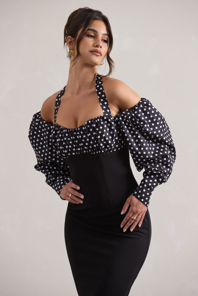 Couture Client Black White Polka Dot Halter Neck Puff Sleeve Midi Dress