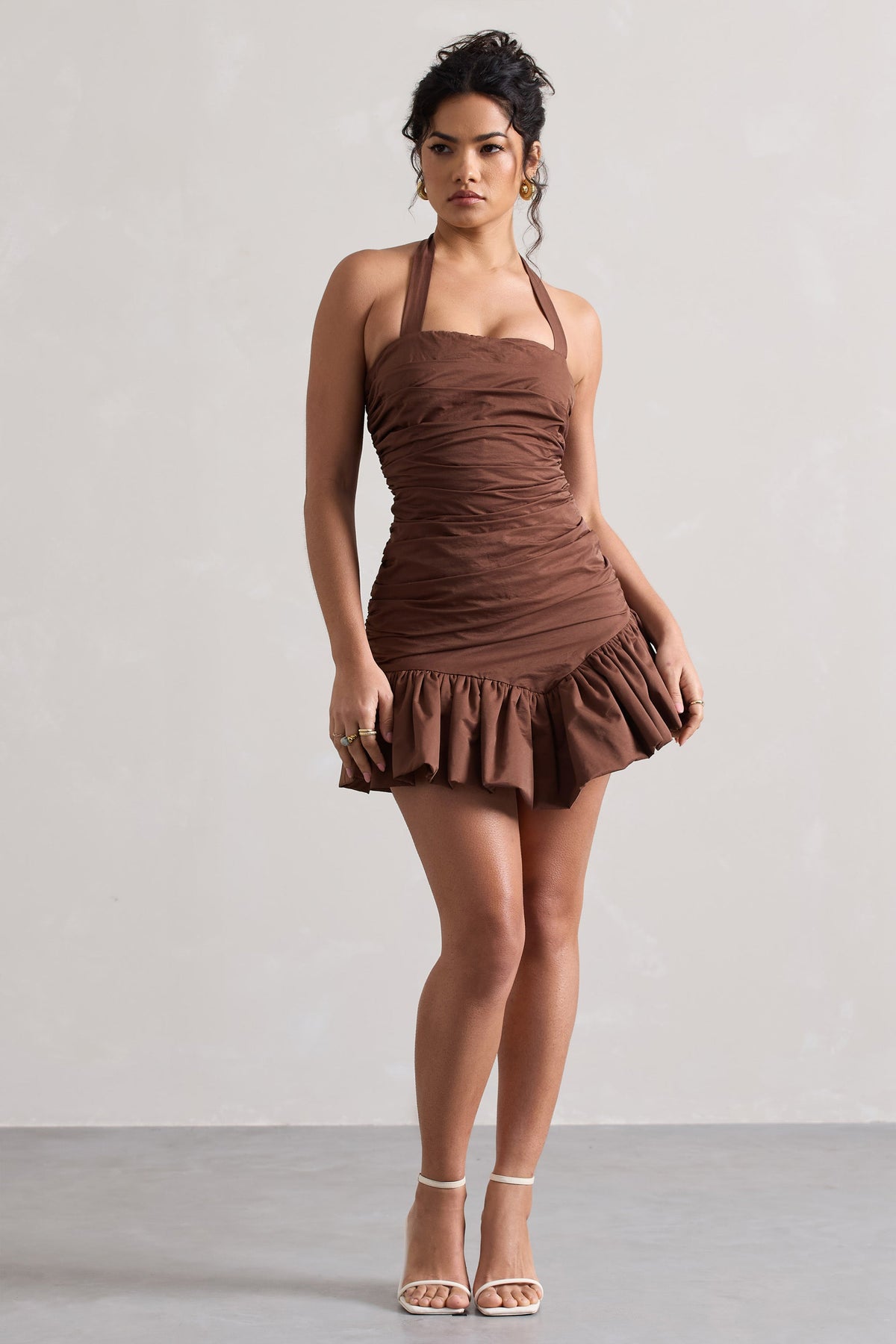 Zahra | Chocolate Brown Halter-Neck Ruched Mini Dress With Ruffle Hem