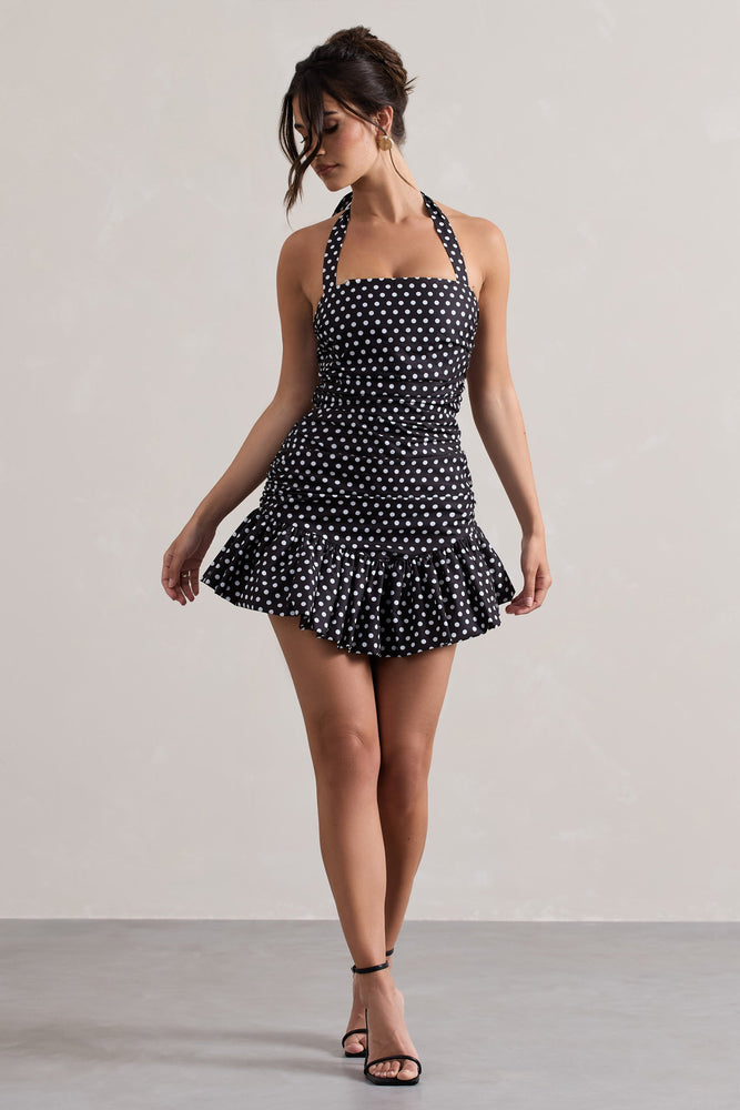 Zahra Black & White Polka Dot Halter-Neck Ruched Mini Dress With
