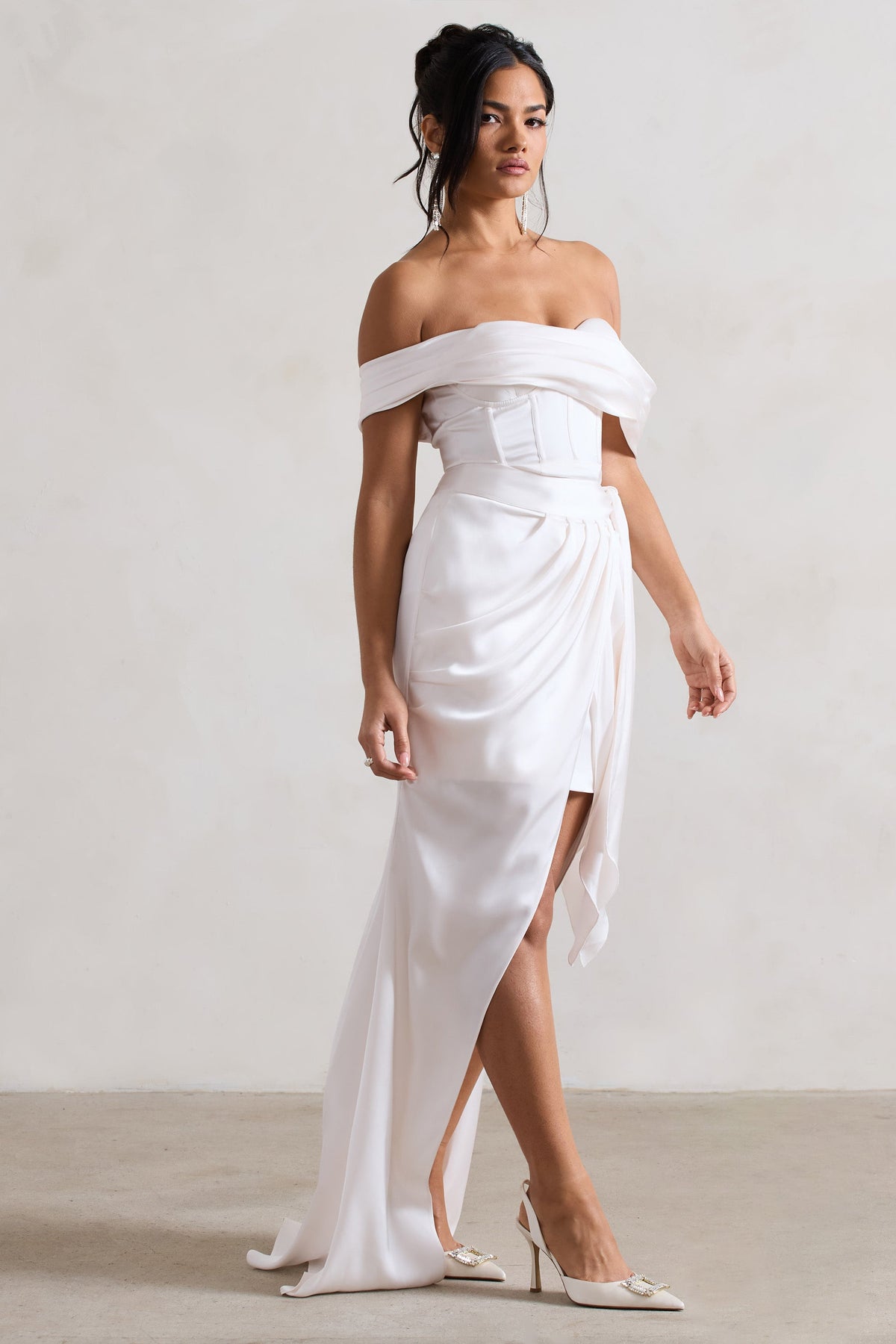 Milano | Cream Satin Bardot Maxi Dress With Detachable Skirt