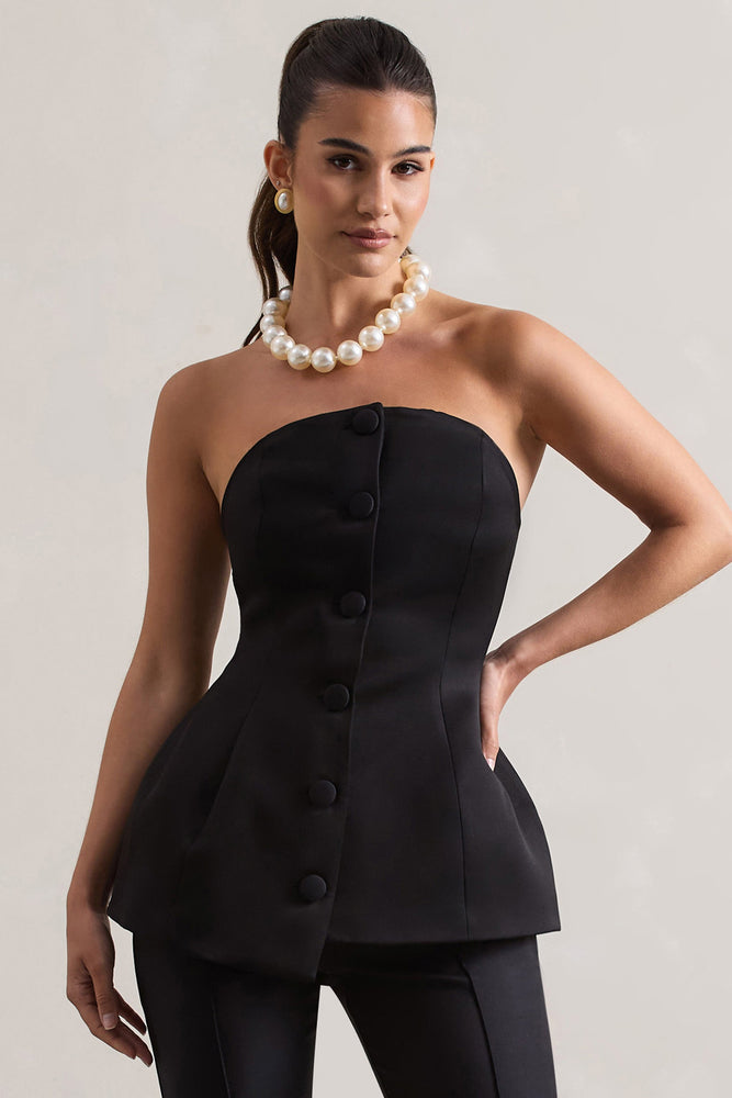 Century Black Satin Strapless Button Front Corset Top – Club L