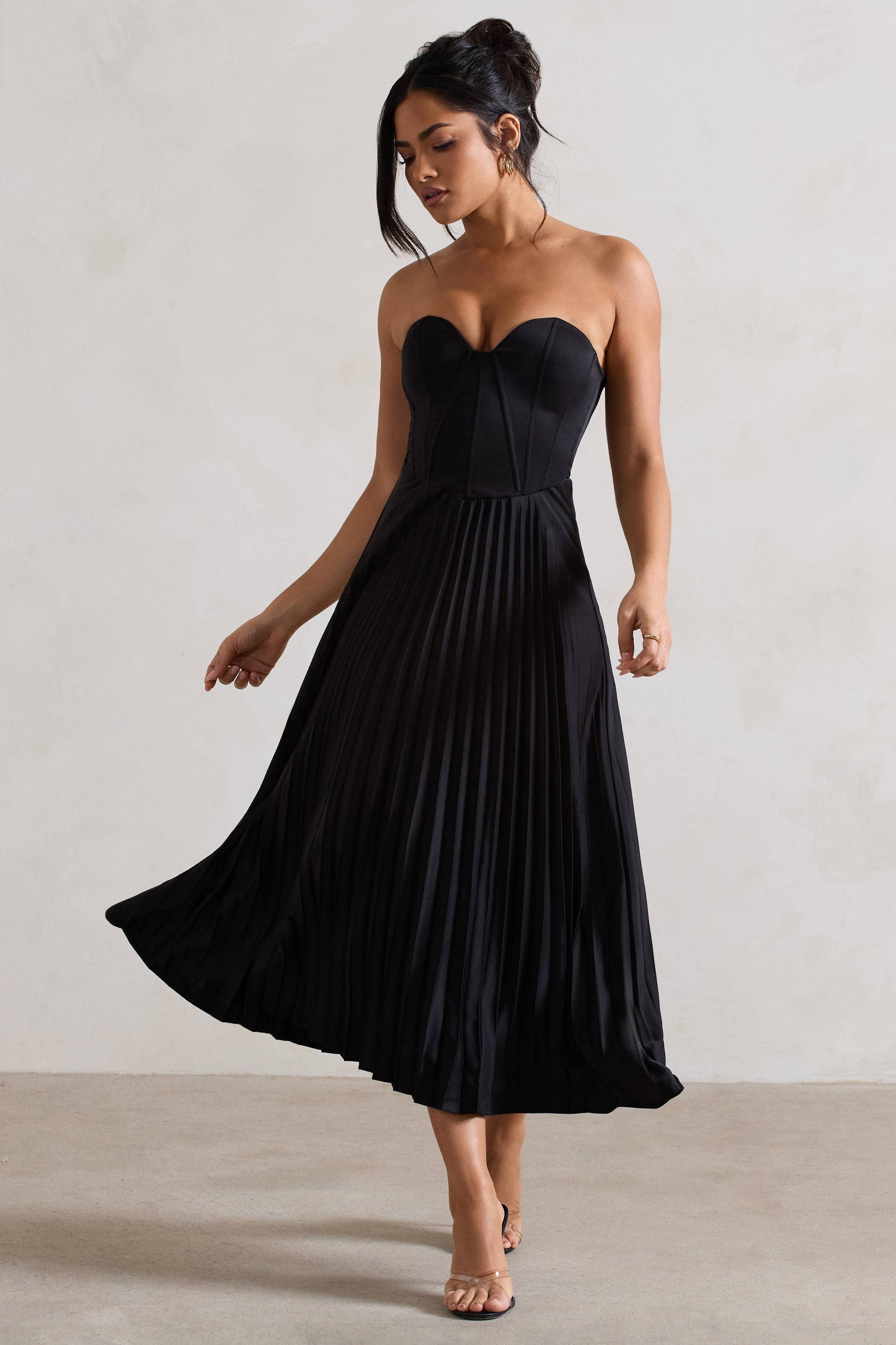 black satin corset midi dress Black Satin Corset Midi Dress with Tulle Hem