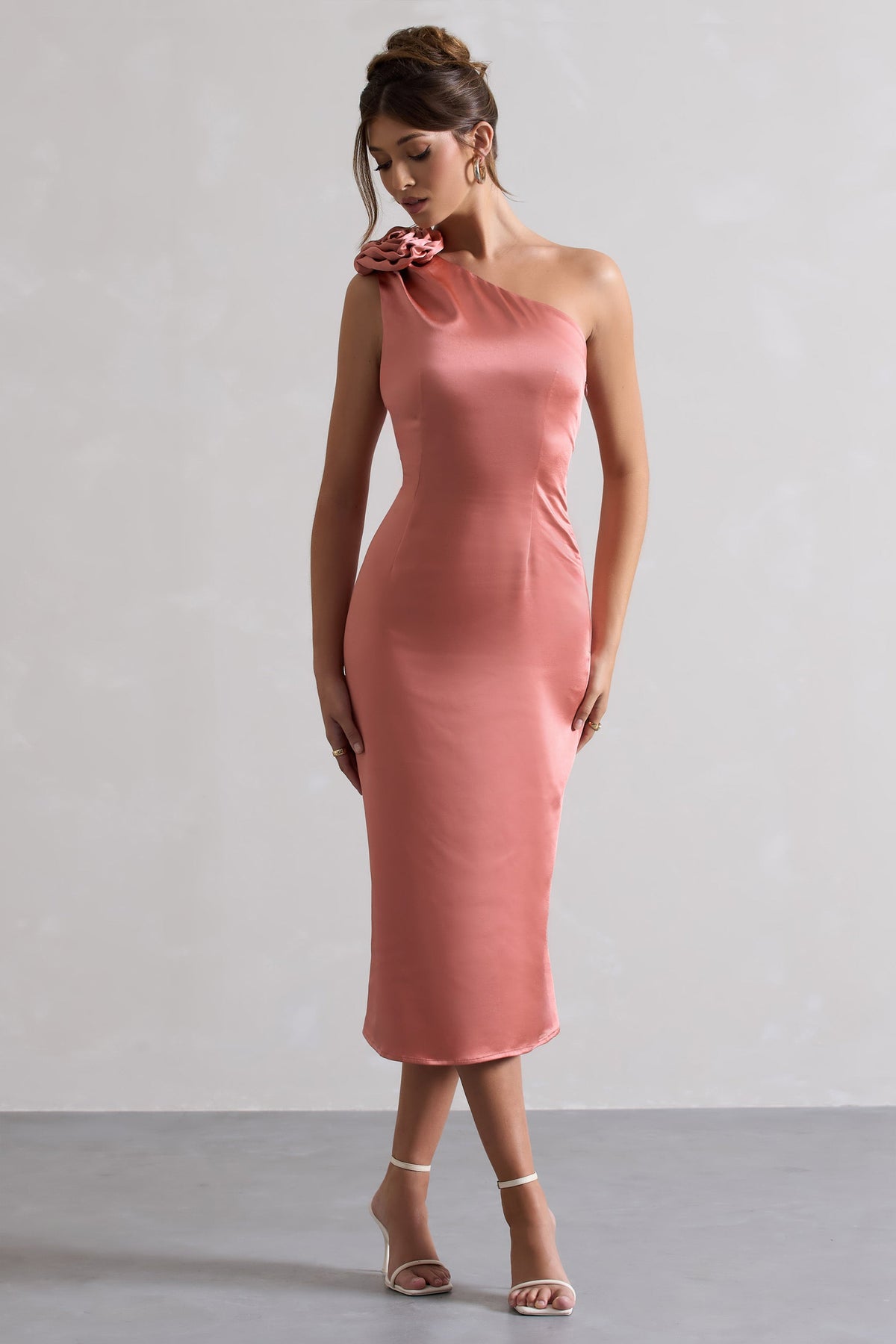 Ascot Coral Satin One Shoulder Midi Dress With Corsage Club L London - CA Ascot Coral Satin One Shoulder Midi Dress With Corsage Club L London - CA