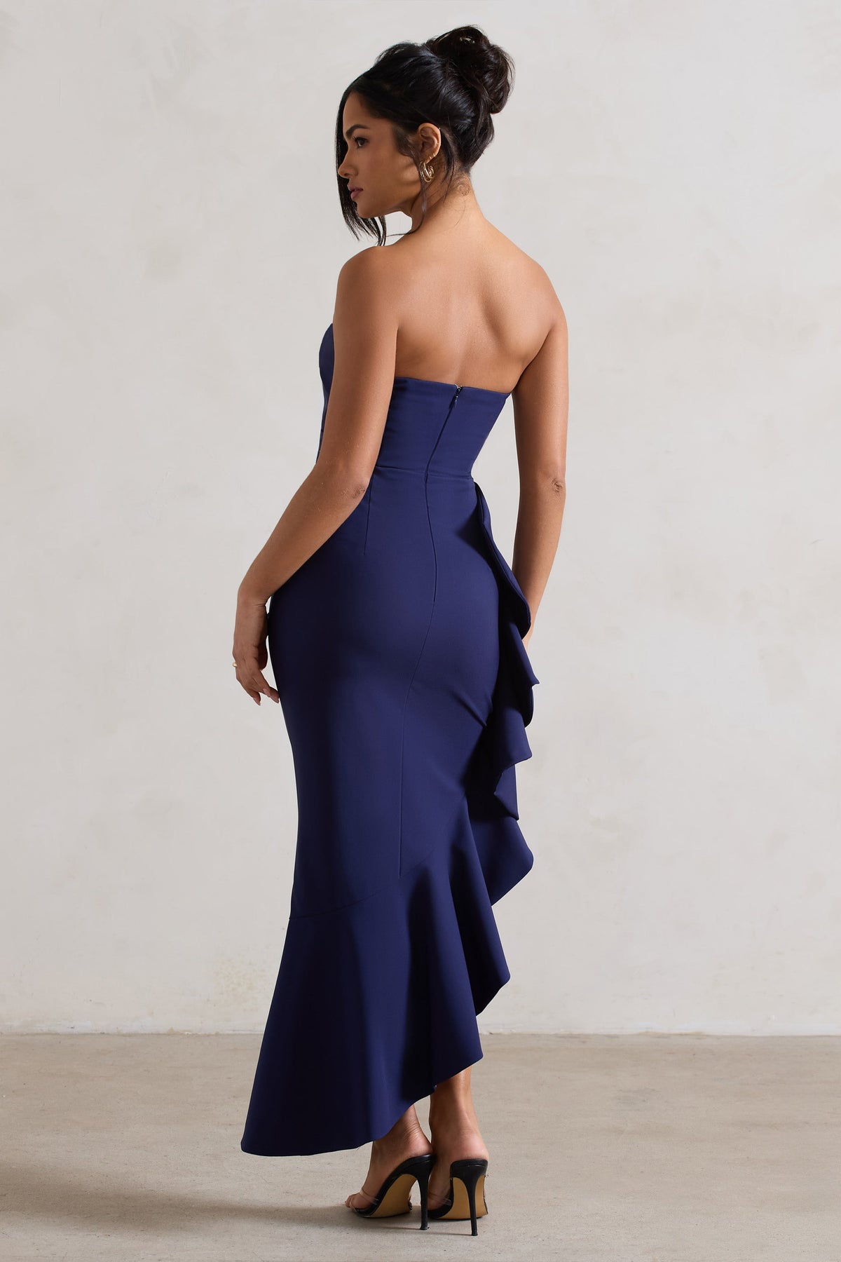 New Age | Navy Strapless Asymmetric Ruffled Maxi Dress