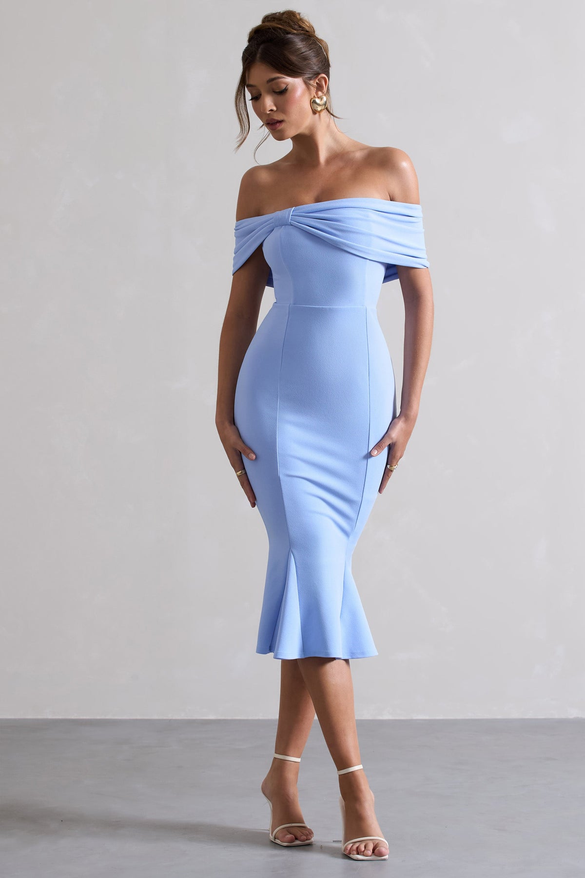 Lydia | Sky Blue Bardot Bow Detail Midi Dress