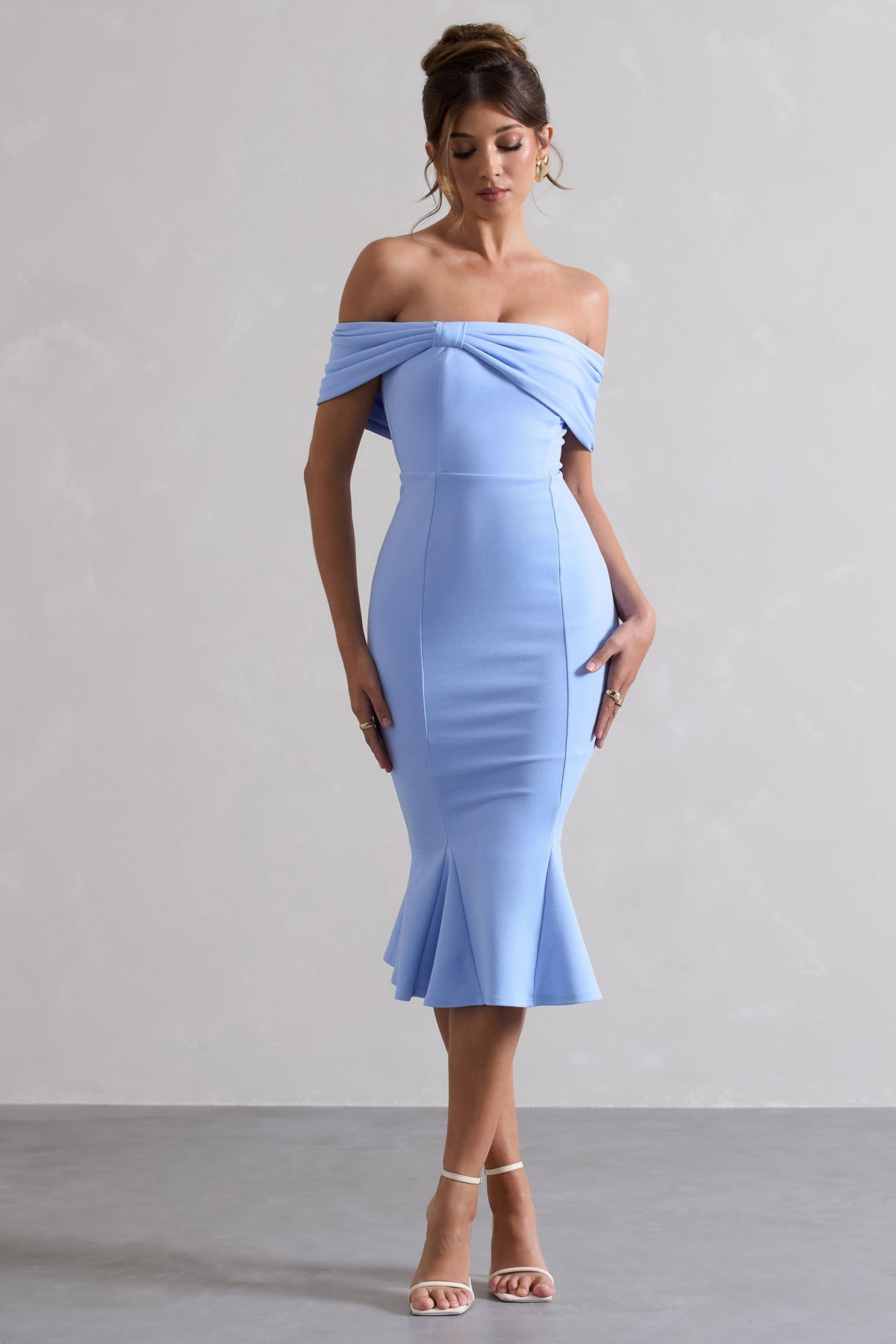 Lydia | Sky Blue Bardot Bow Detail Midi Dress