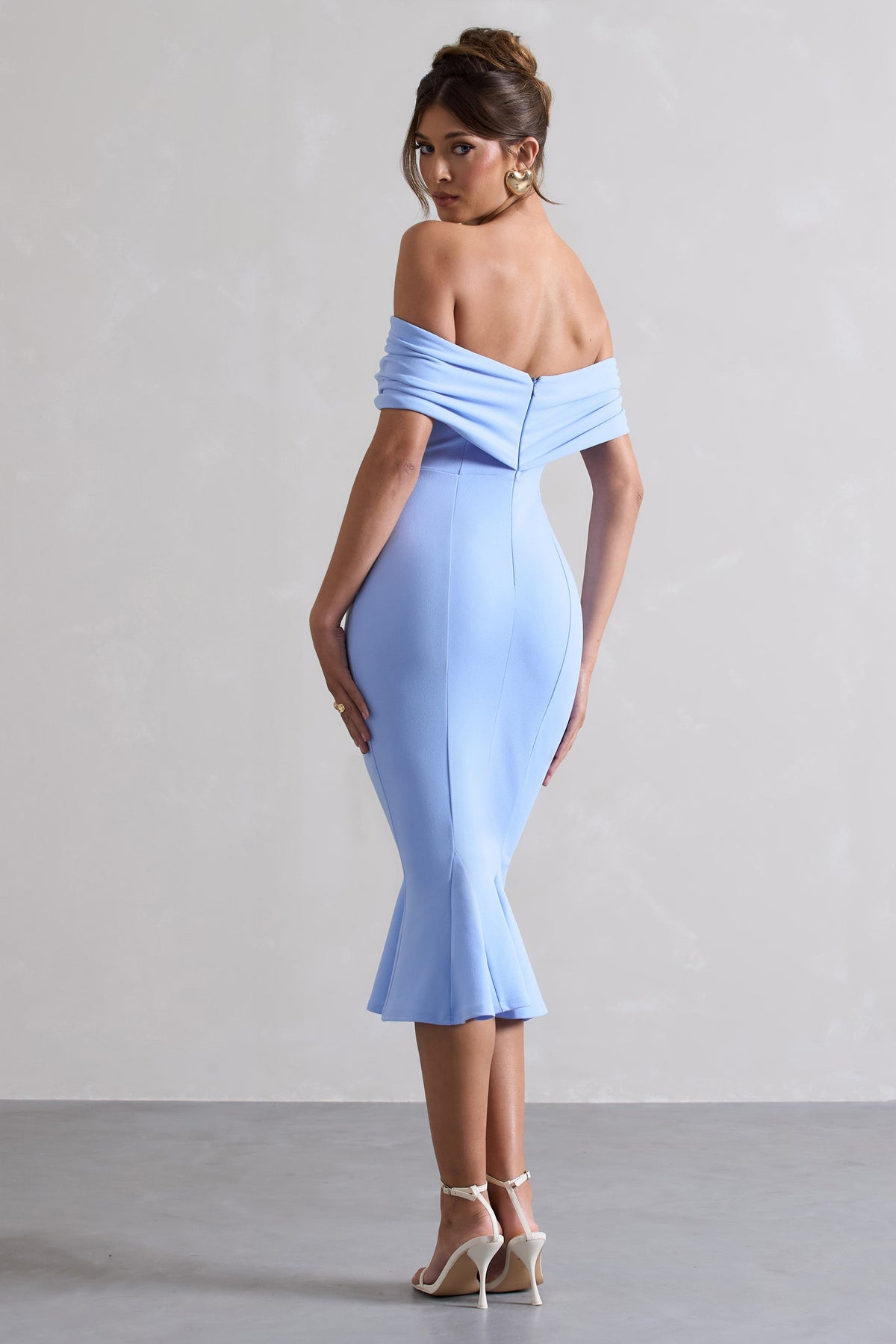 Lydia | Sky Blue Bardot Bow Detail Midi Dress