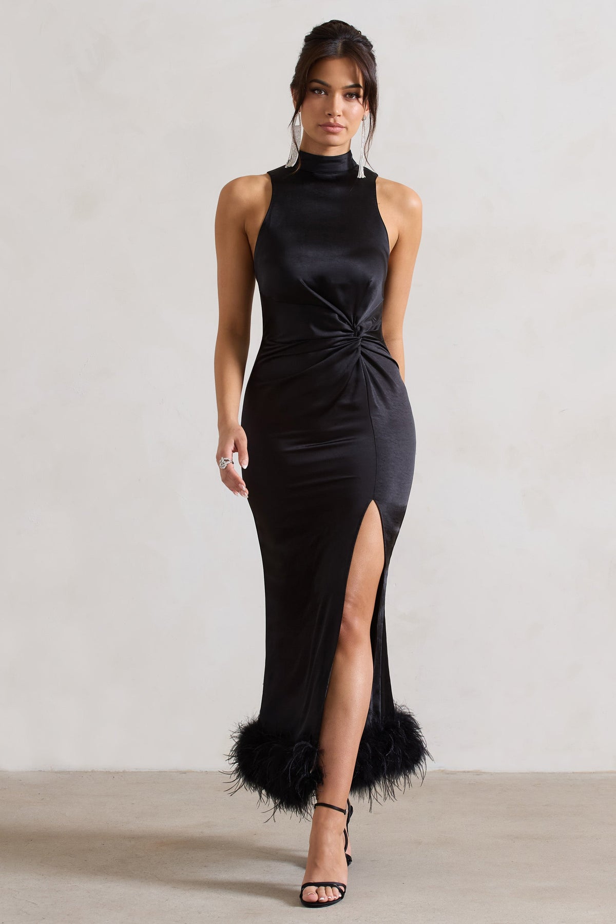 Zoe | Black Satin Twist Split Maxi Dress With Feather Trim