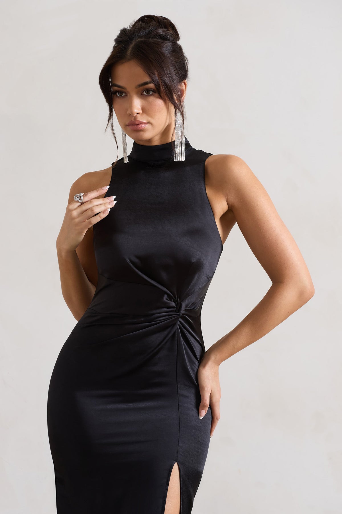 Zoe | Black Satin Twist Split Maxi Dress With Feather Trim