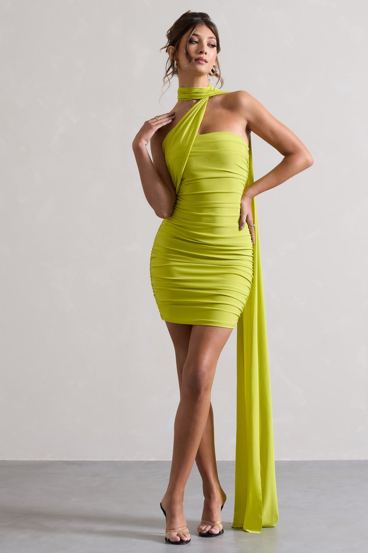 Abel | Lime Green Ruched One Shoulder Mini Dress With Scarf