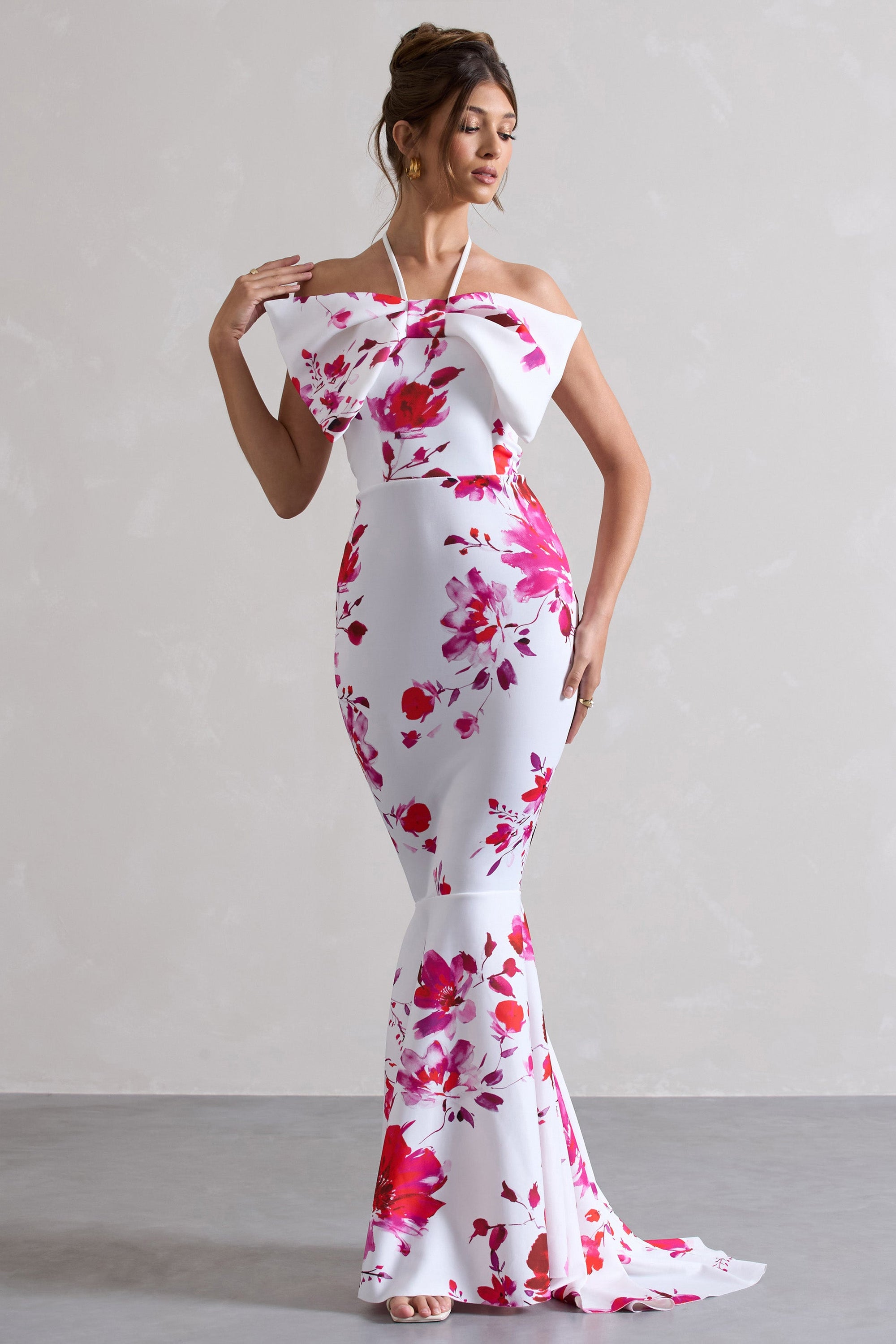 Sakura | Robe longue rose à imprimé floral encolure haute et noeud