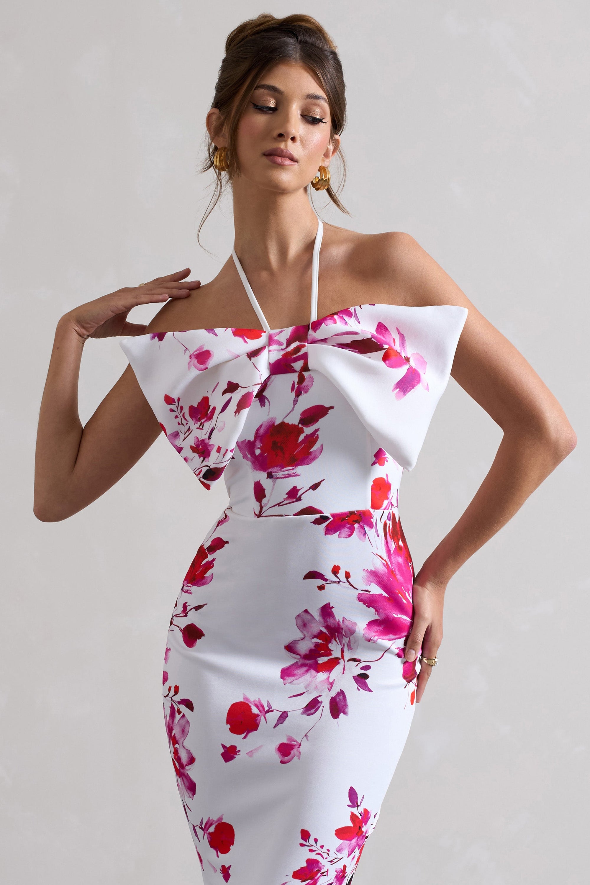 Sakura | Robe longue rose à imprimé floral encolure haute et noeud