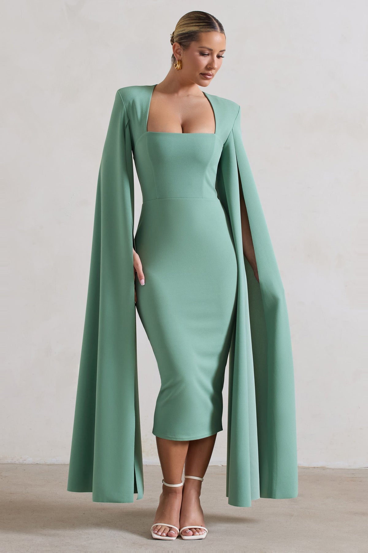 No Replacement | Sage Green Square-Neck Cape-Sleeve Midi Dress