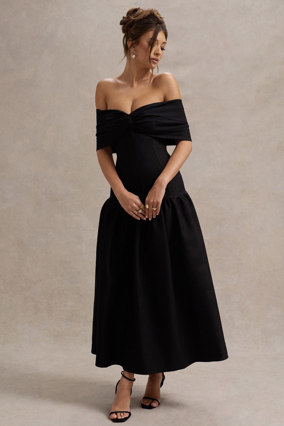 Marguerite | Black Twisted Bardot Drop-Waist Maxi Dress