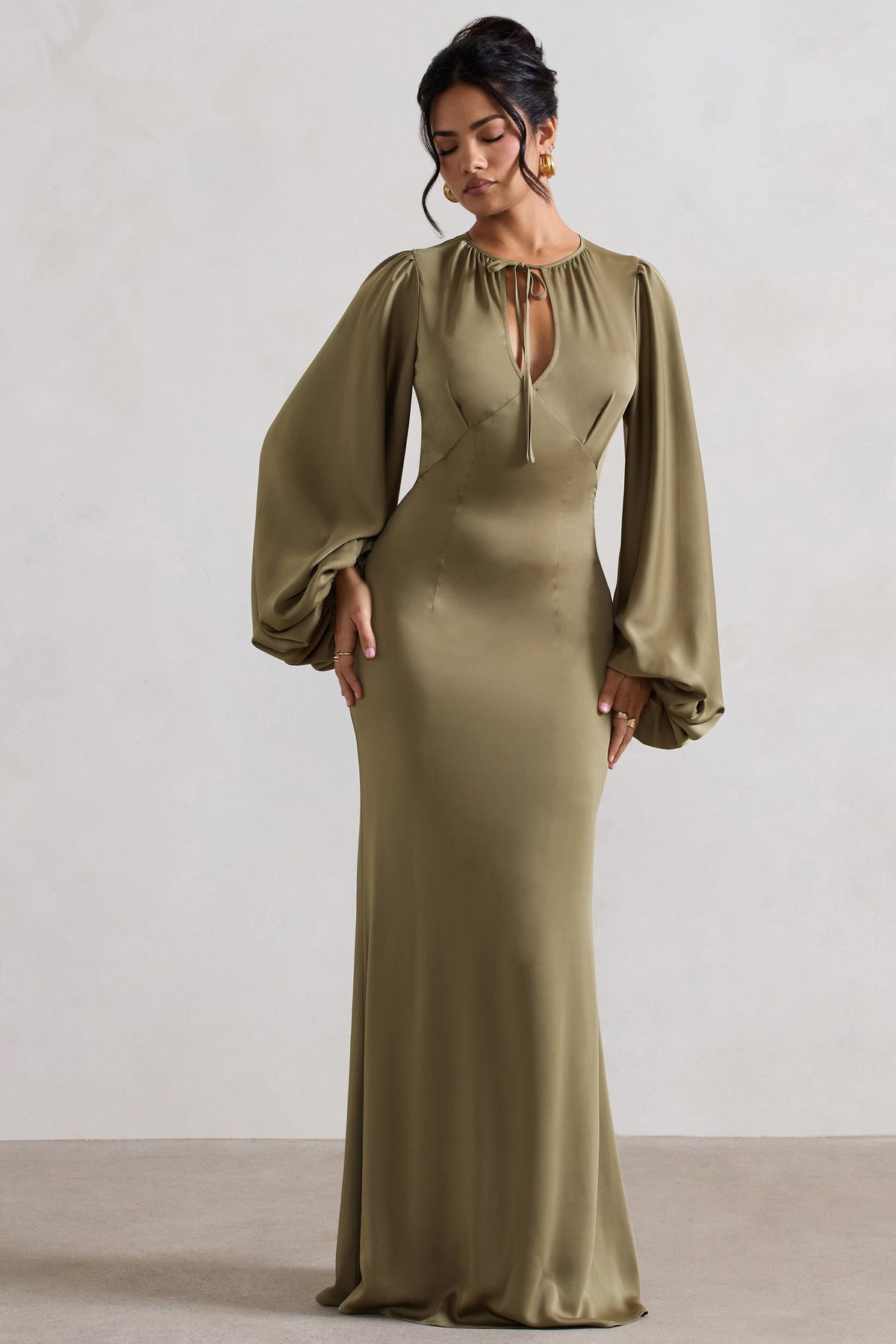 Wild Rose | Olive Satin Puff-Sleeve Cut-Out Maxi Dress