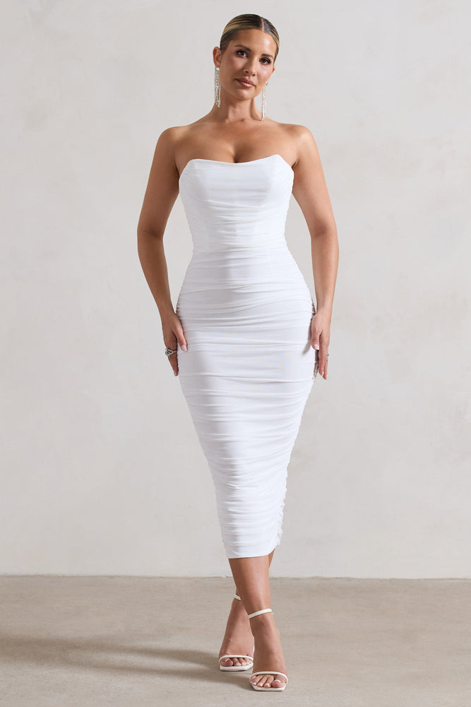 Nylah White Ruched Corset Bodycon Midi Dress Club L London CA