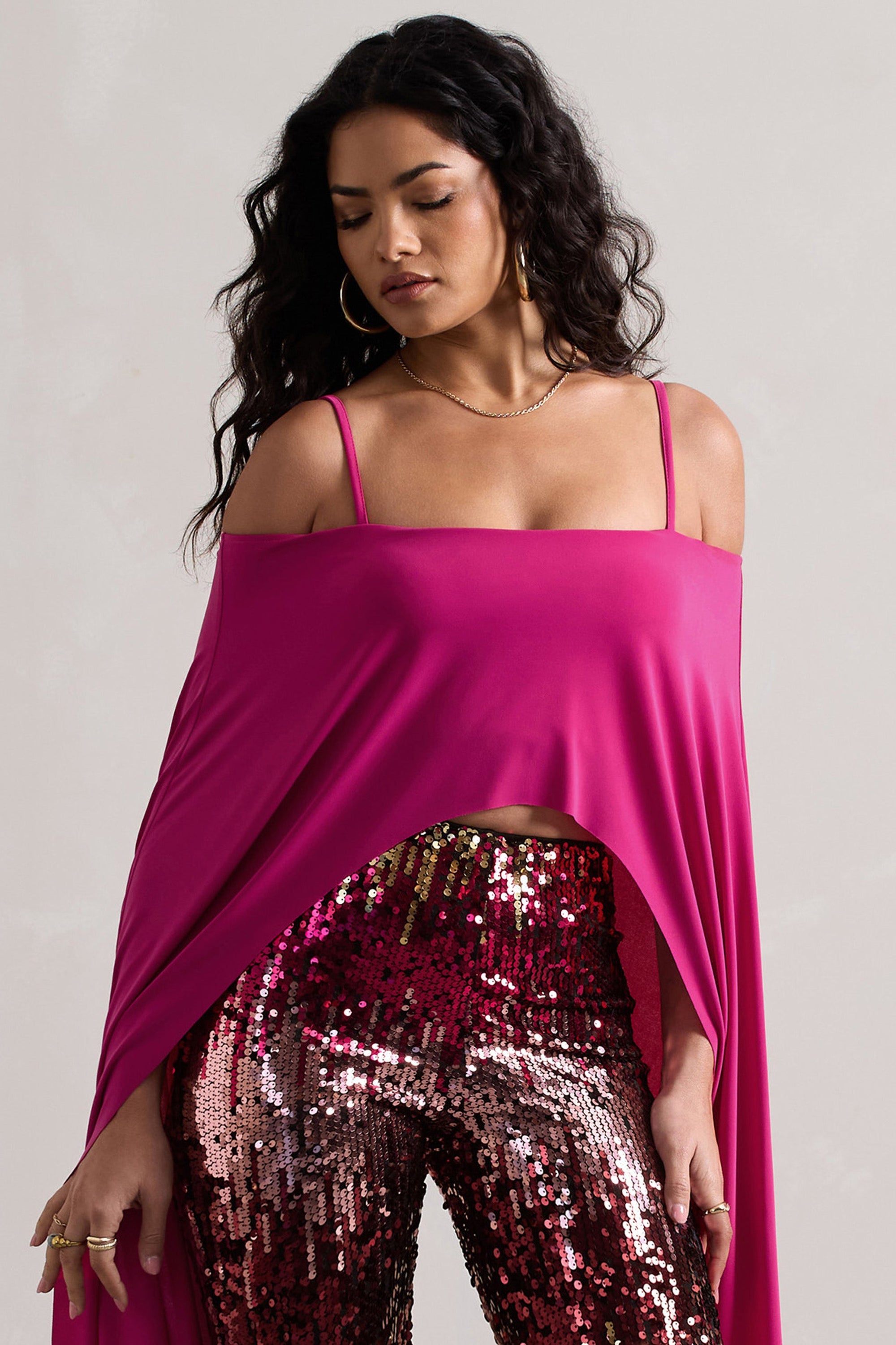 Floyd | Crop top rose encolure bardot et manches cape