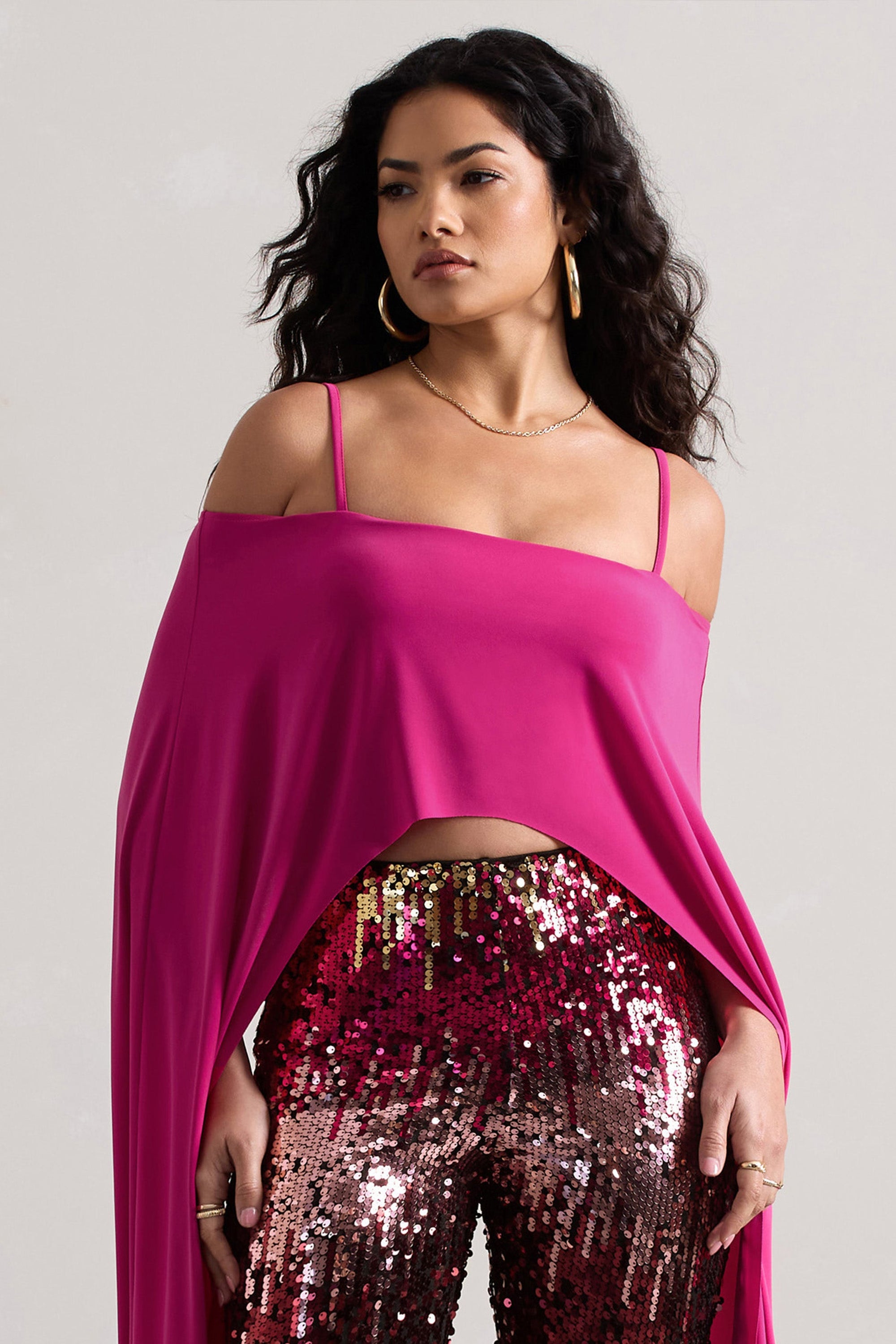 Floyd | Crop top rose encolure bardot et manches cape