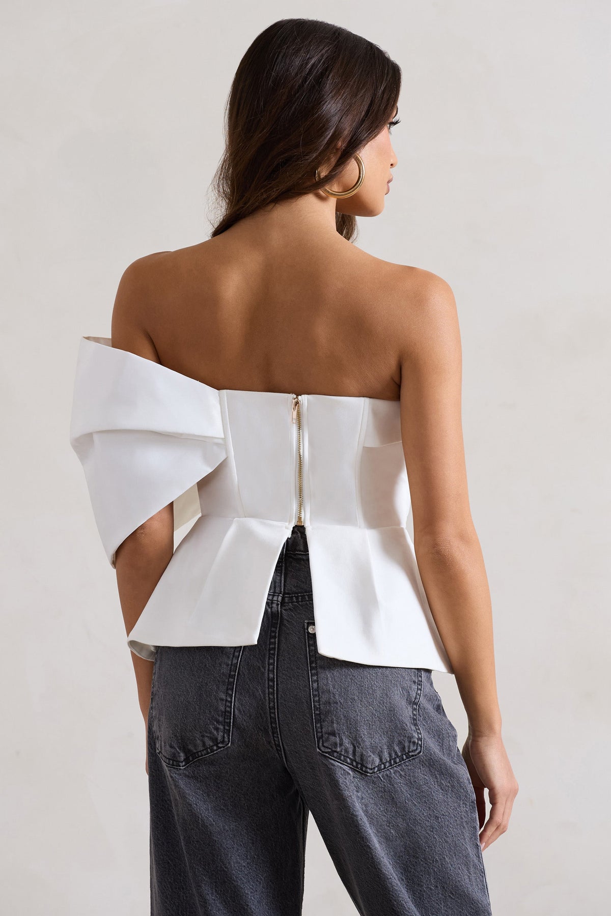 Mayfair White Asymmetric Bardot Top With Peplum Hem US 2 White