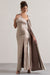 Gala | Robe longue fendue en satin taupe à une épaule avec manche cape