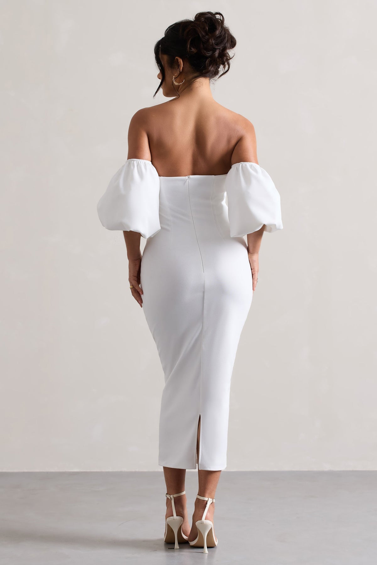 Keira | White Bardot Puff-Sleeve Midi Dress