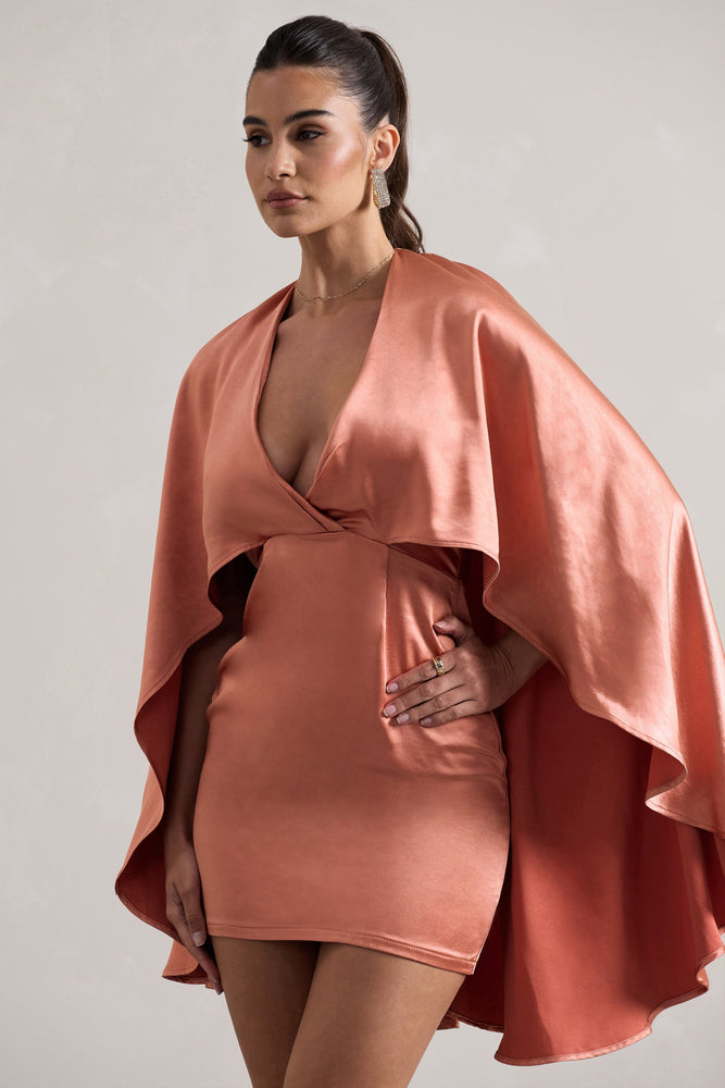 coral satin mini dress Olsen Coral Satin Plunge-Neck Cape Mini Dress – Club L London