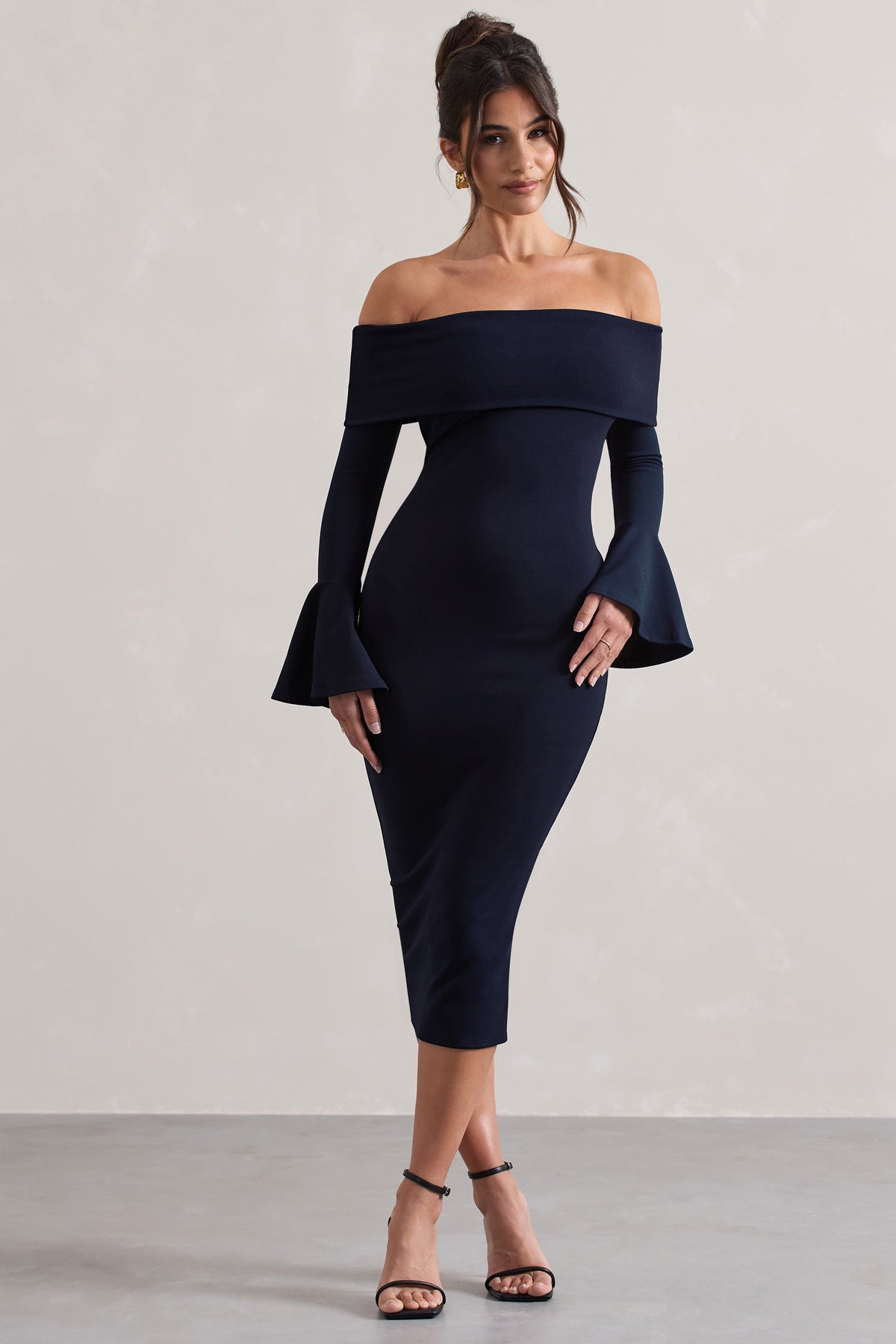 Emma | Navy Bardot Flared-Sleeve Midi Dress