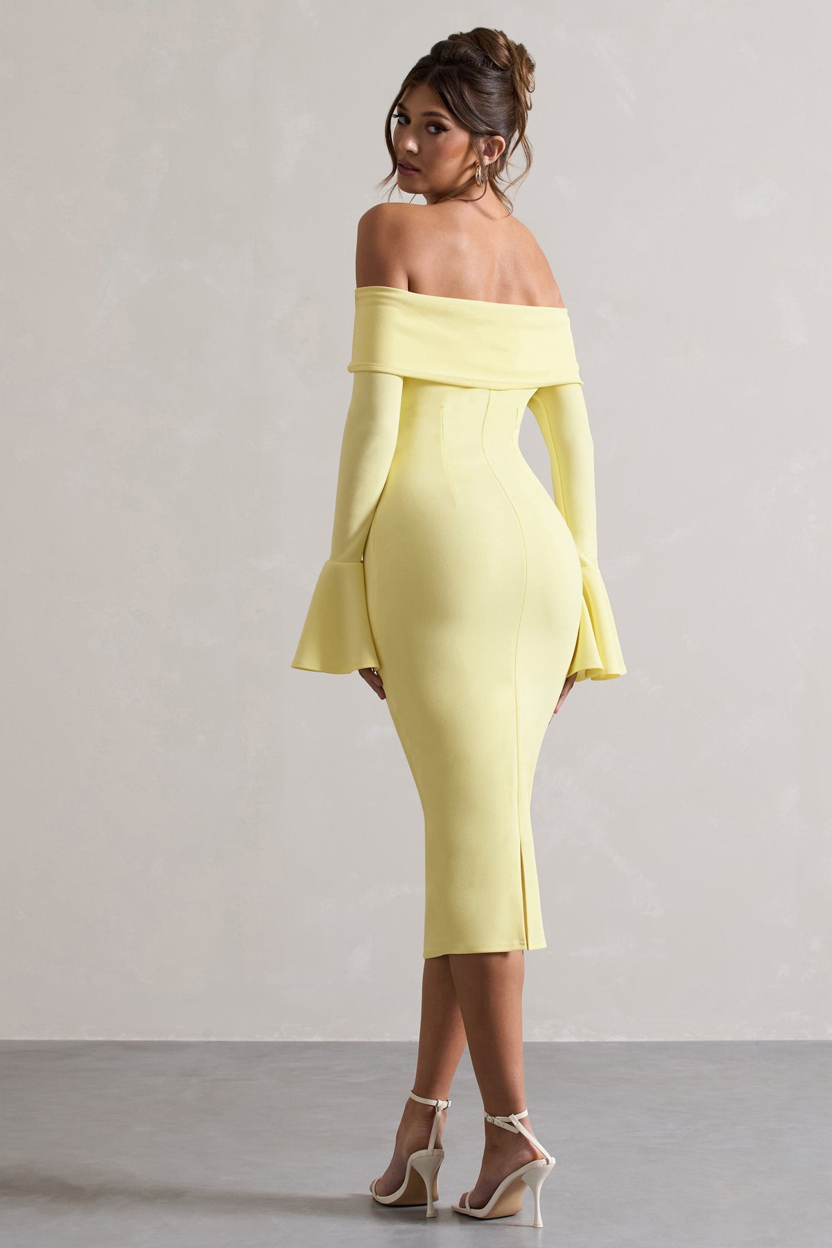 Emma | Lemon Bardot Flared-Sleeve Midi Dress