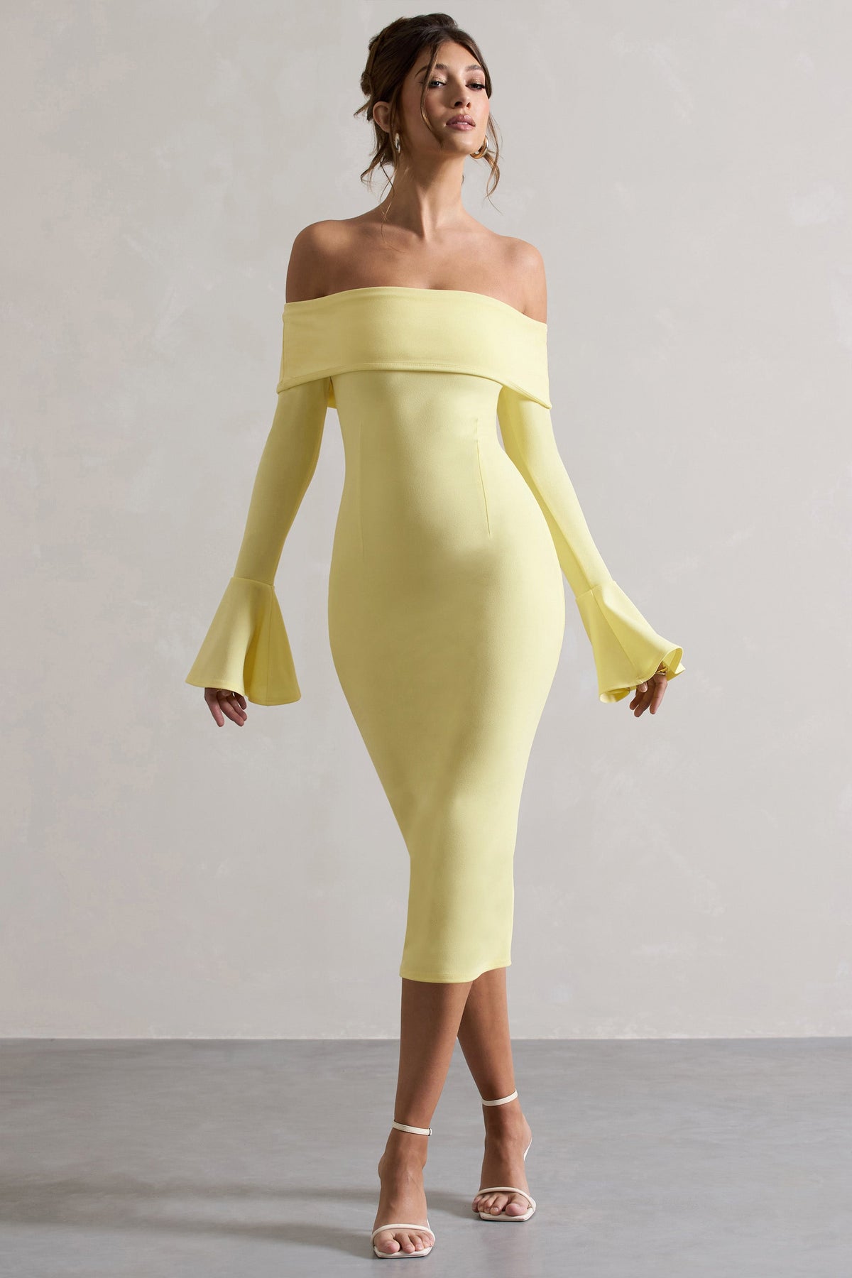 Emma | Lemon Bardot Flared-Sleeve Midi Dress