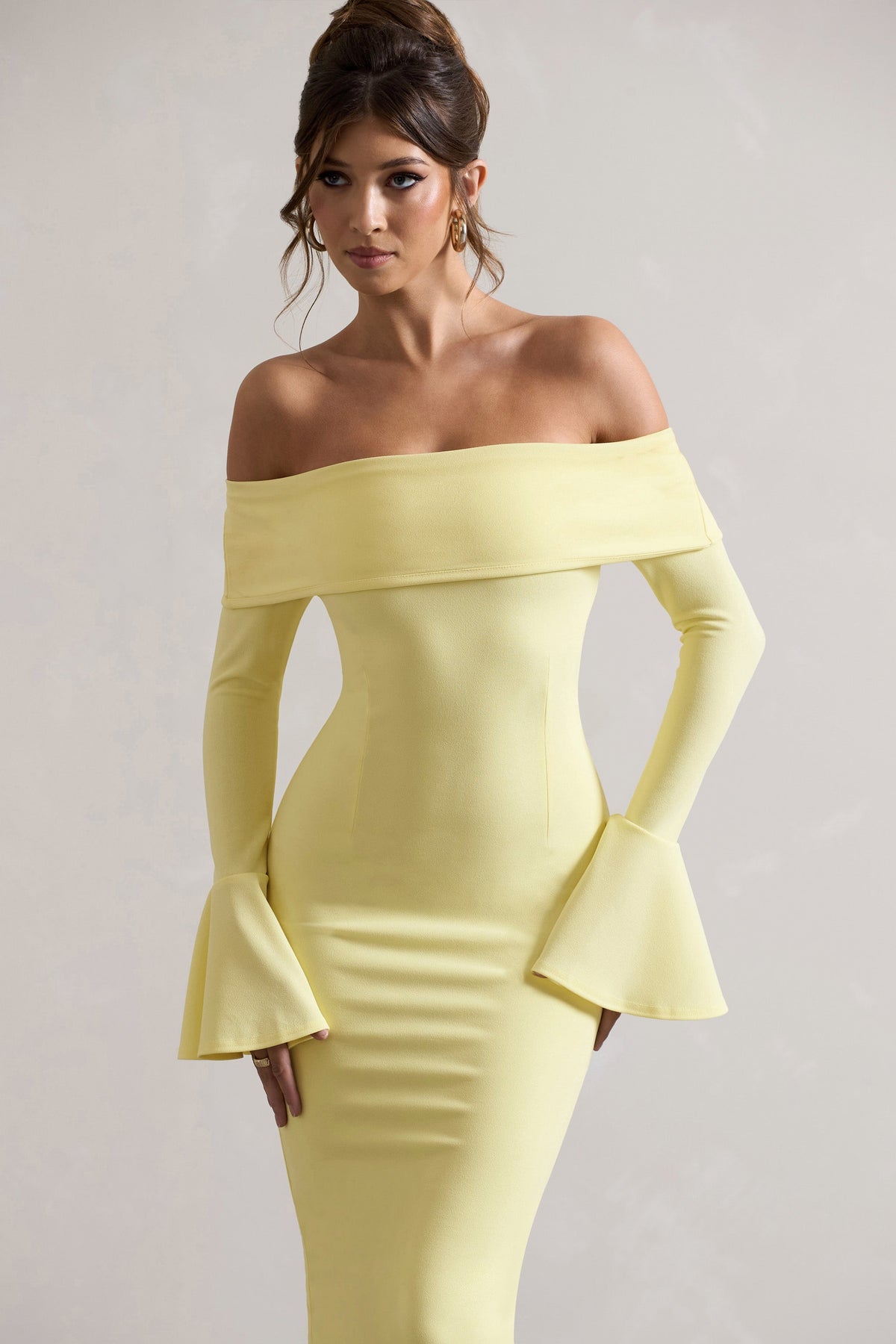 Emma | Lemon Bardot Flared-Sleeve Midi Dress