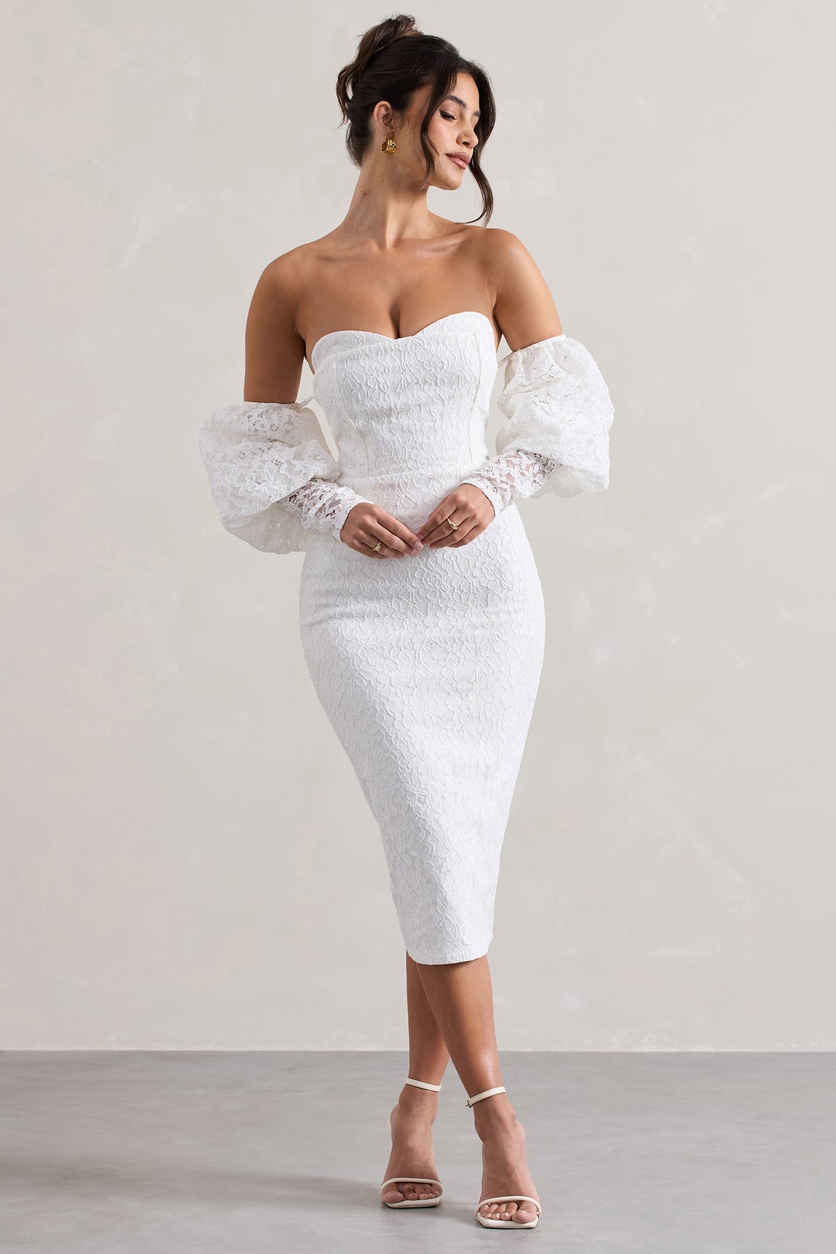 Mary | White Lace Bardot Puff-Sleeve Midi Dress