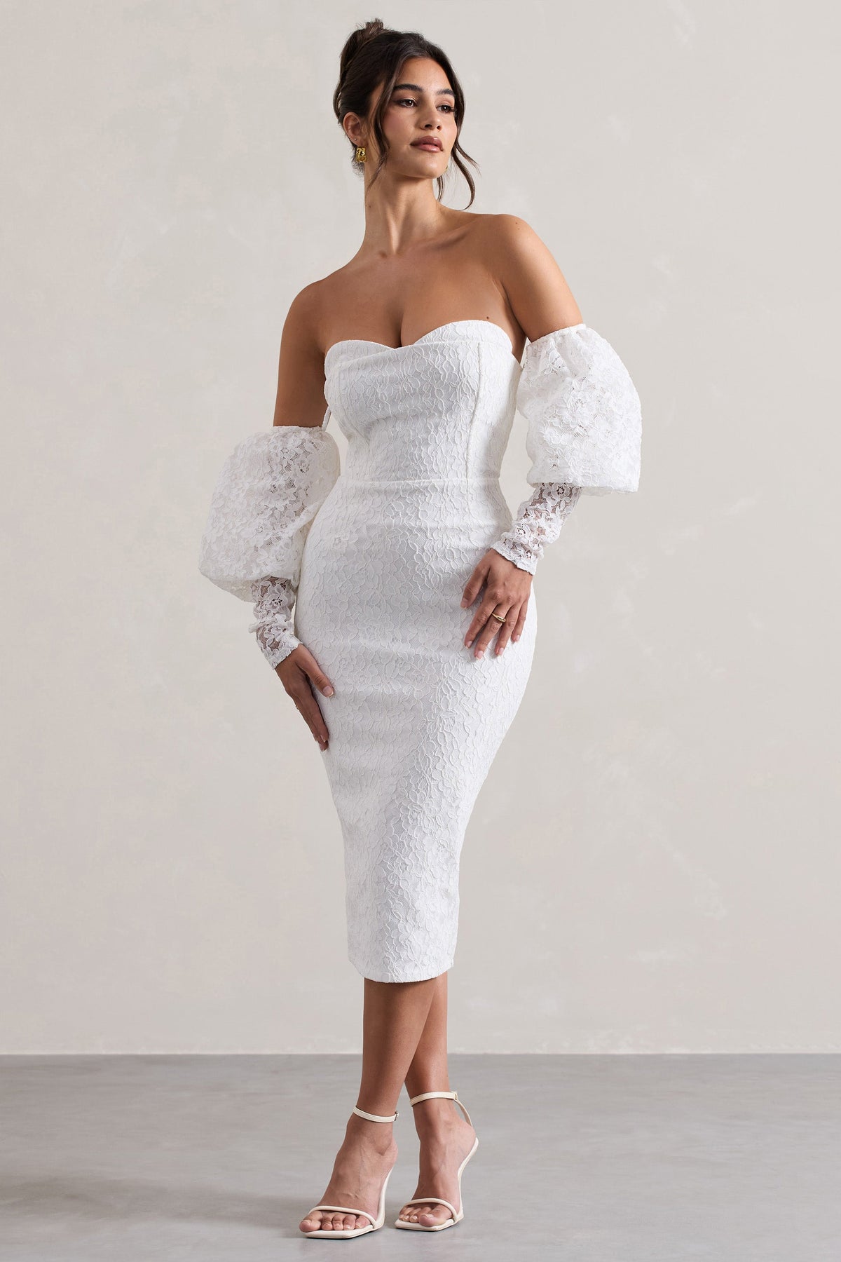 Mary | White Lace Bardot Puff-Sleeve Midi Dress