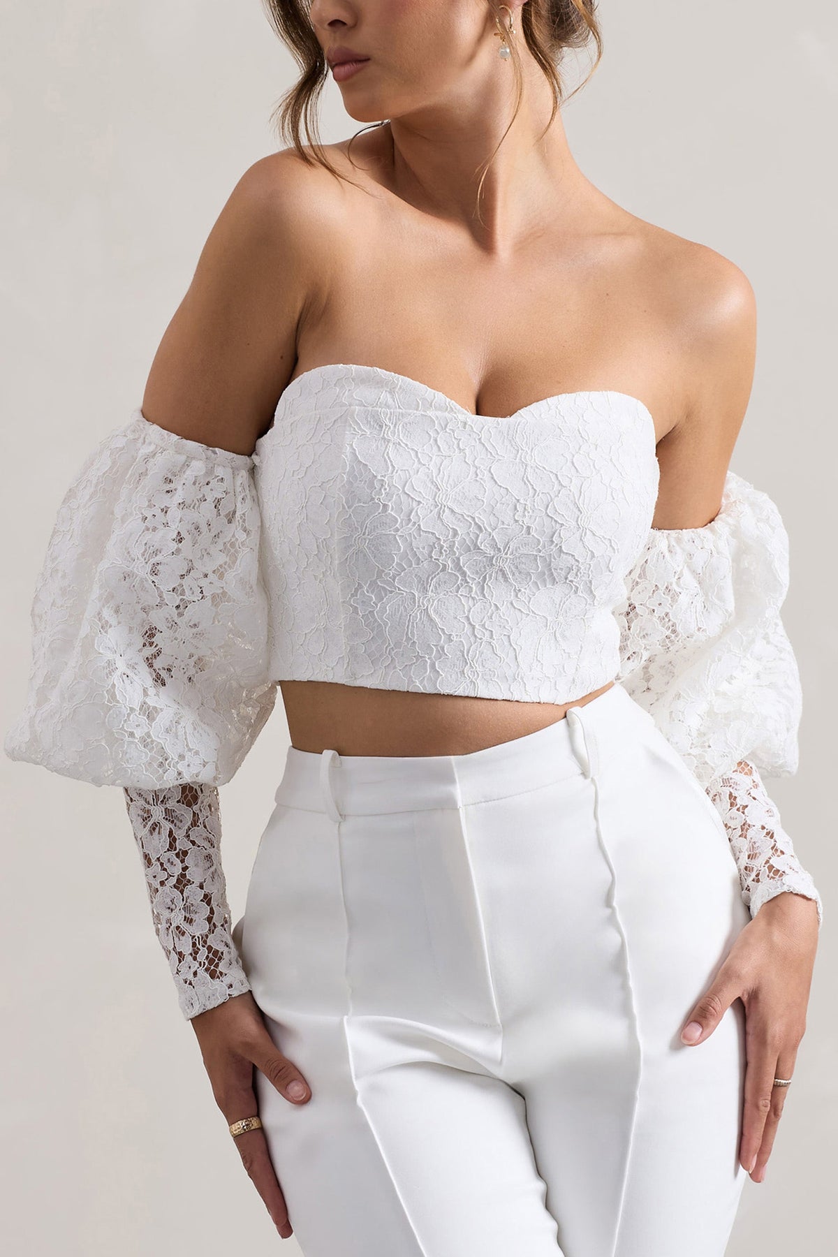 Marina | White Lace Bardot Puff-Sleeve Top