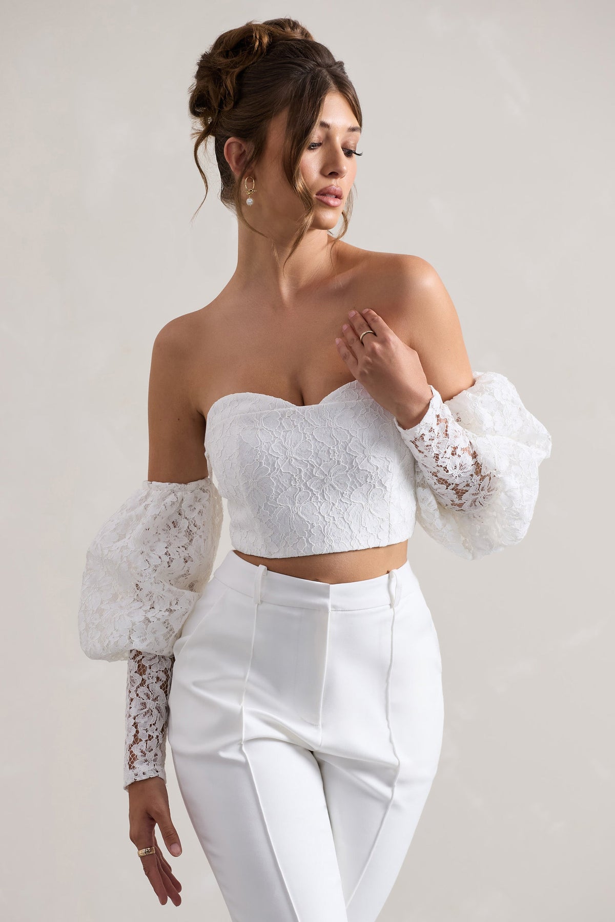 Marina | White Lace Bardot Puff-Sleeve Top