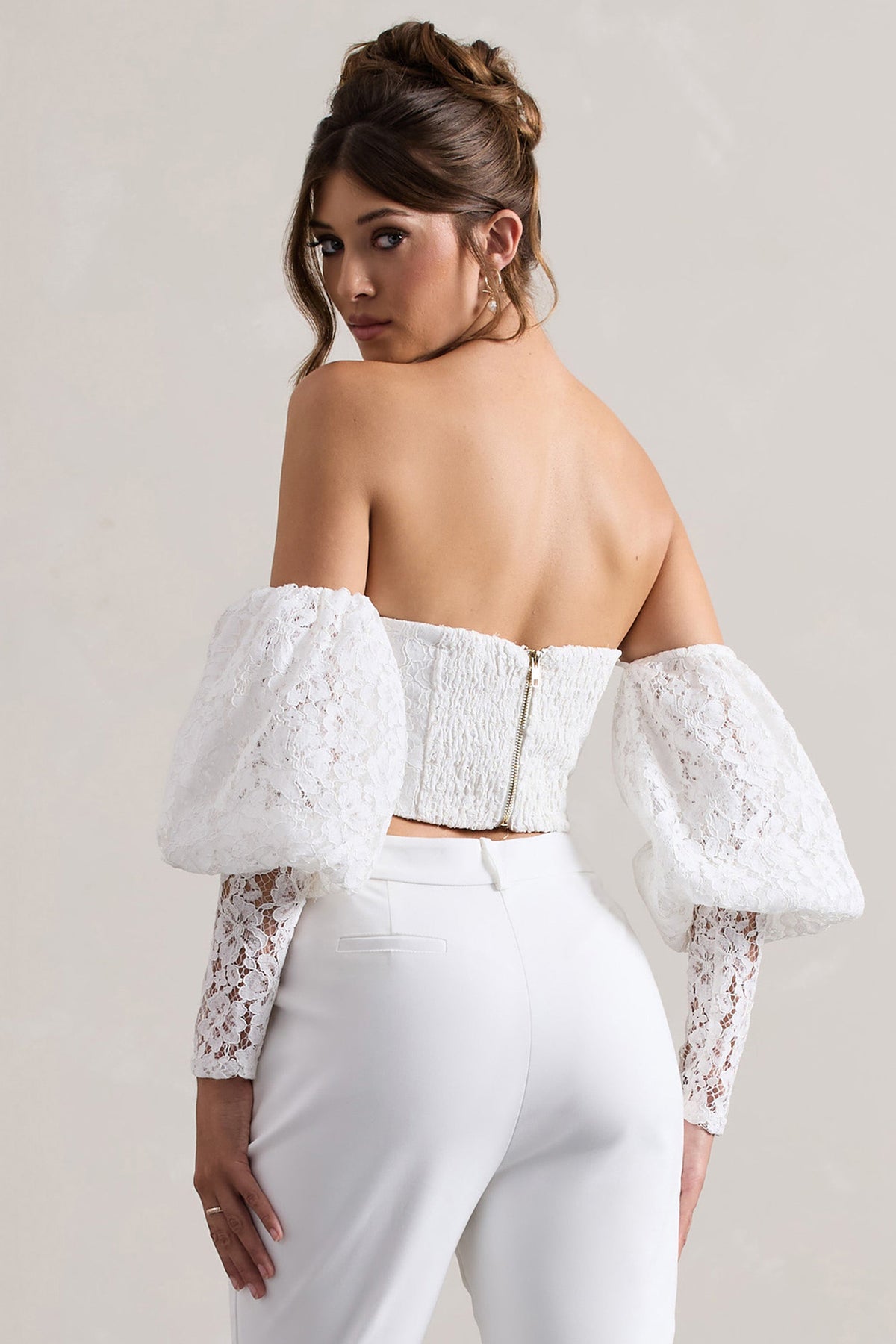 Marina | White Lace Bardot Puff-Sleeve Top