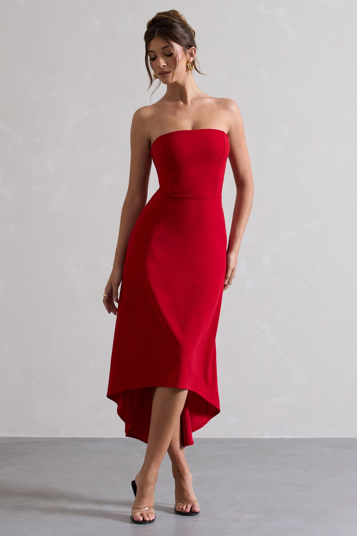 Ariela | Red Bandeau High-Low Midi Dress