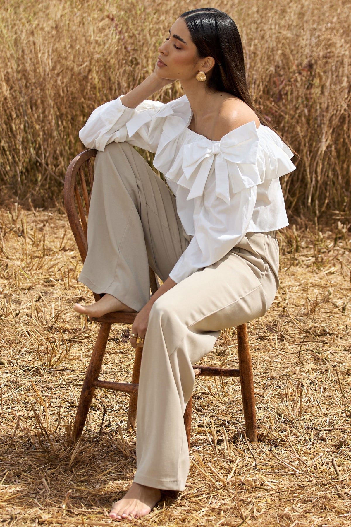 Cove | White Bardot Puff-Sleeve Ruffle Top With Bows