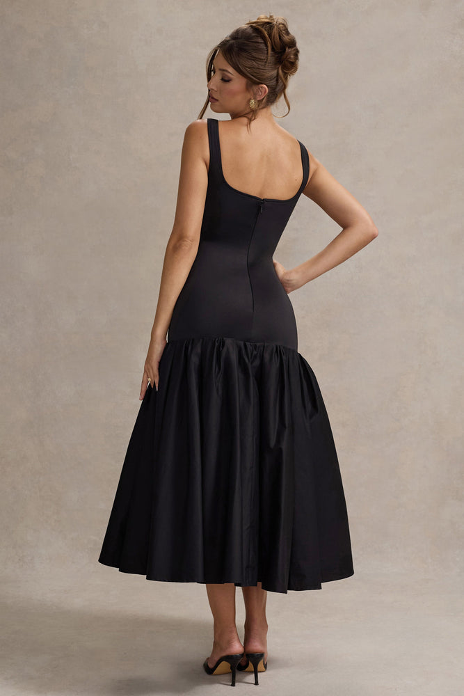 Parida Black Poplin Drop-Waist Midi Dress With Peplum Hem