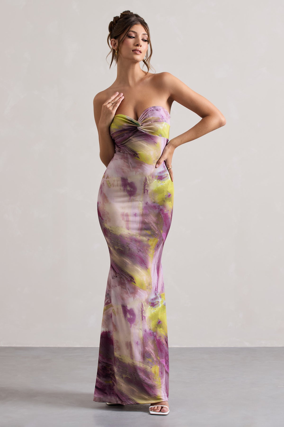 Santiago | Robe longue torsadée à imprimé lilas sans bretelles