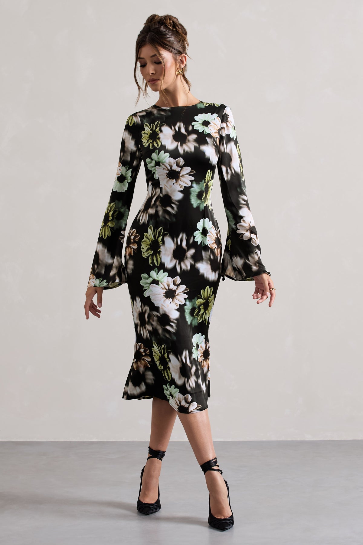 Arlitta | Black Floral Print Satin Long-Sleeve Midi Dress