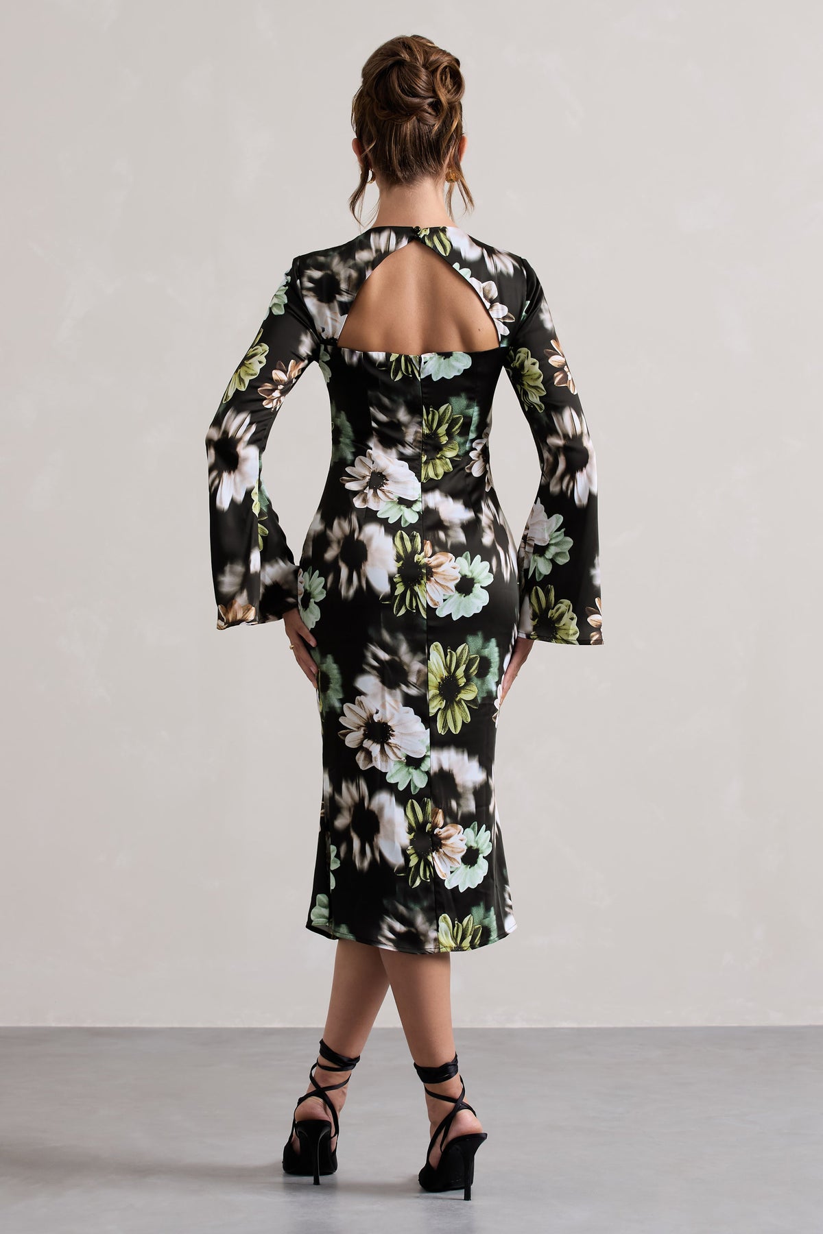 Arlitta | Black Floral Print Satin Long-Sleeve Midi Dress