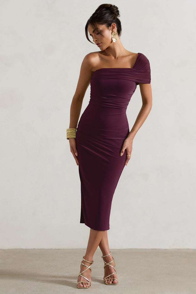 Hawaii Plum Asymmetric One-Shoulder Split Midi Dress – Club L