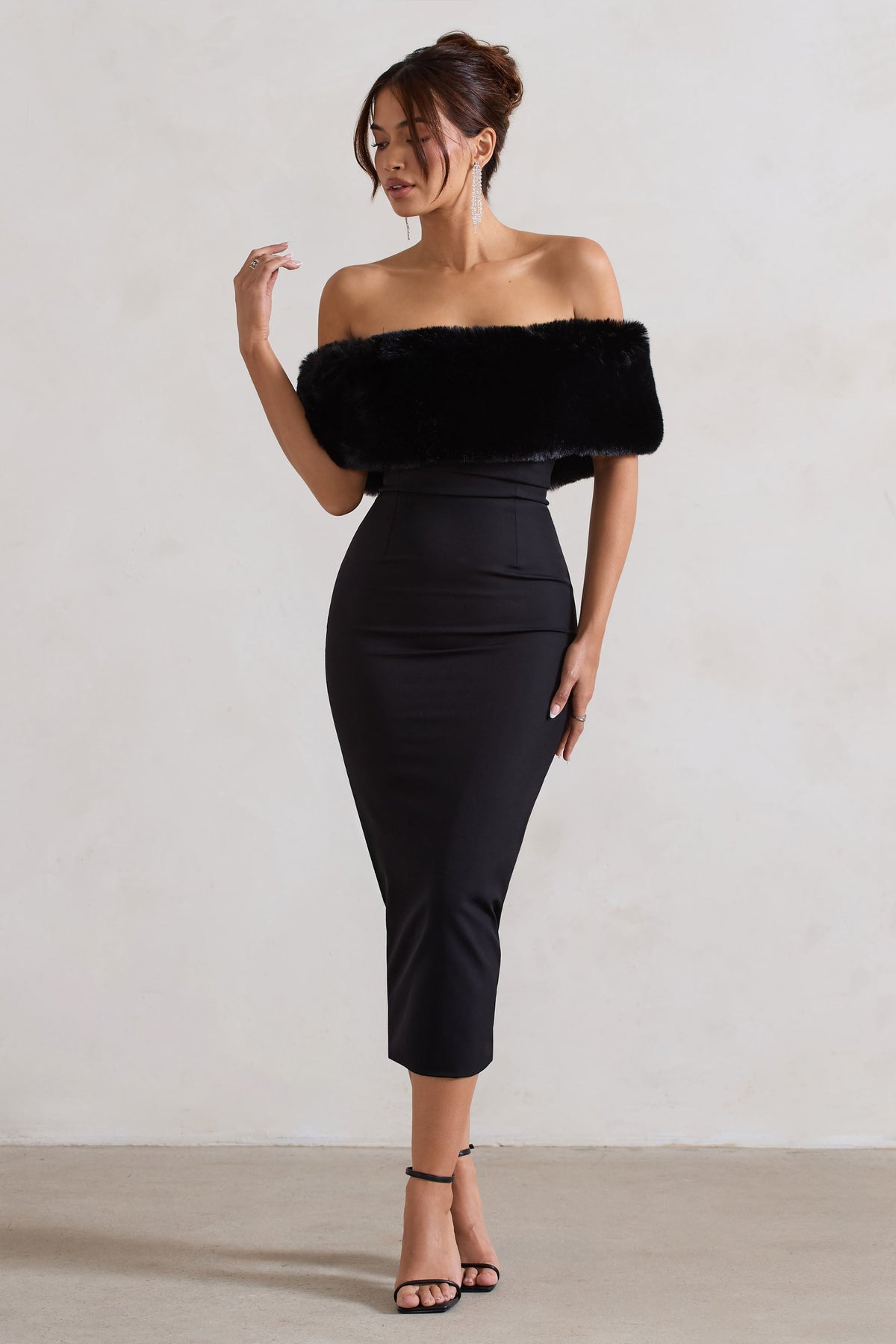 Zia | Black Bardot Midi Dress With Fur Trim