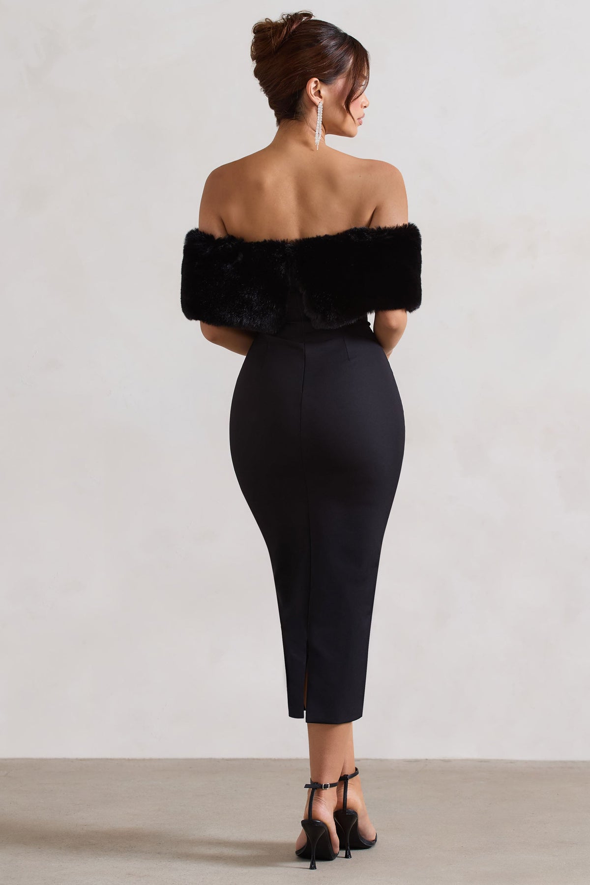 Zia | Black Bardot Midi Dress With Fur Trim