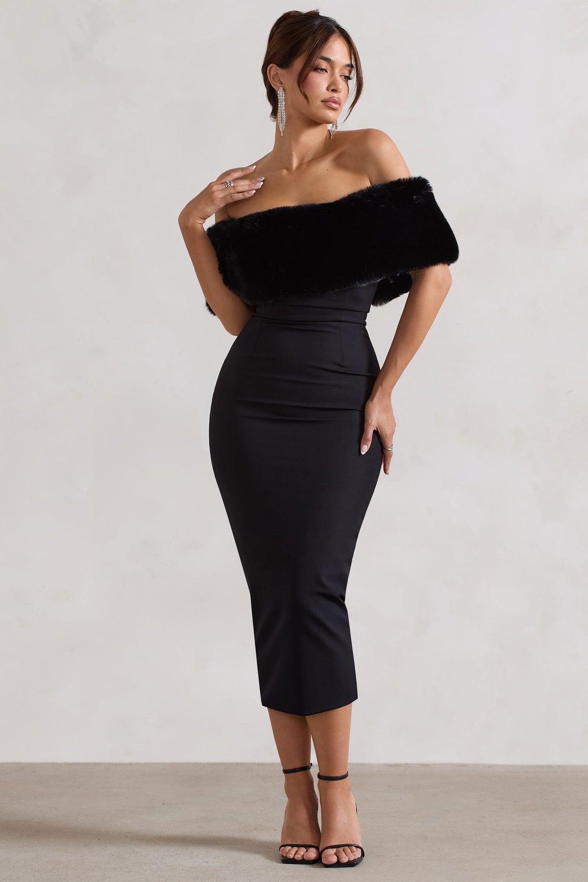 Zia | Black Bardot Midi Dress With Fur Trim